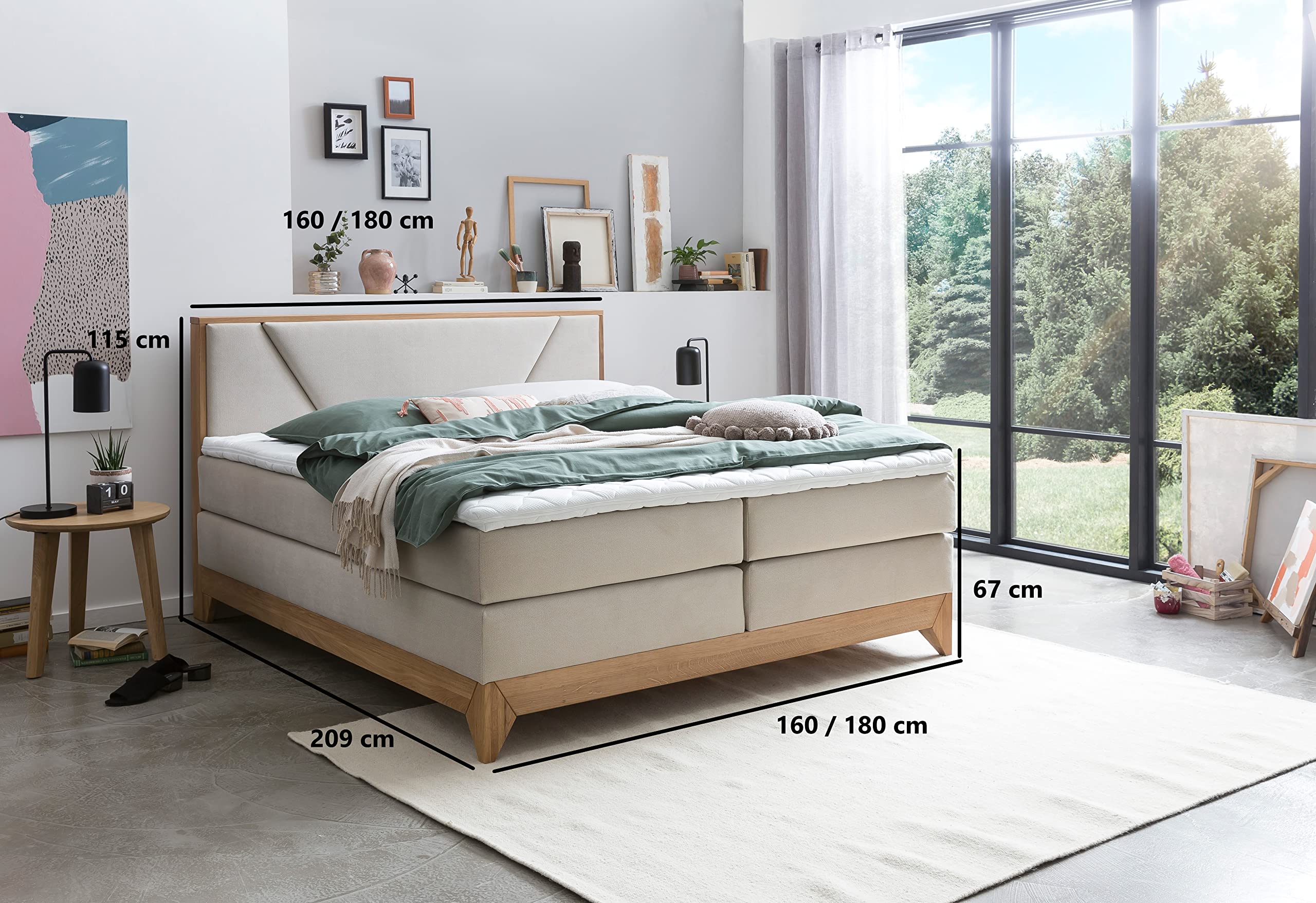 Belanoti Riviera Boxspringbett 180x200 Eiche 7-Zonen Taschenfederkern Matratze inkl Visco Topper Bett 180x200 in der Farbe Beige H2/H3 Polsterbett Hotelbett mit Massivholz Eiche Massivholzbett