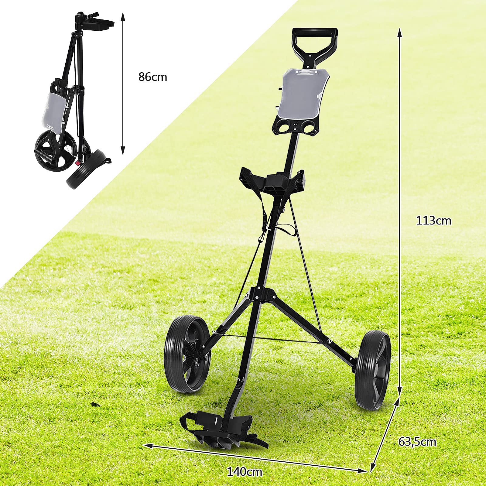 COSTWAY Carrito de Golf Plegable con 2 Ruedas, Estructura de Metal, Negro