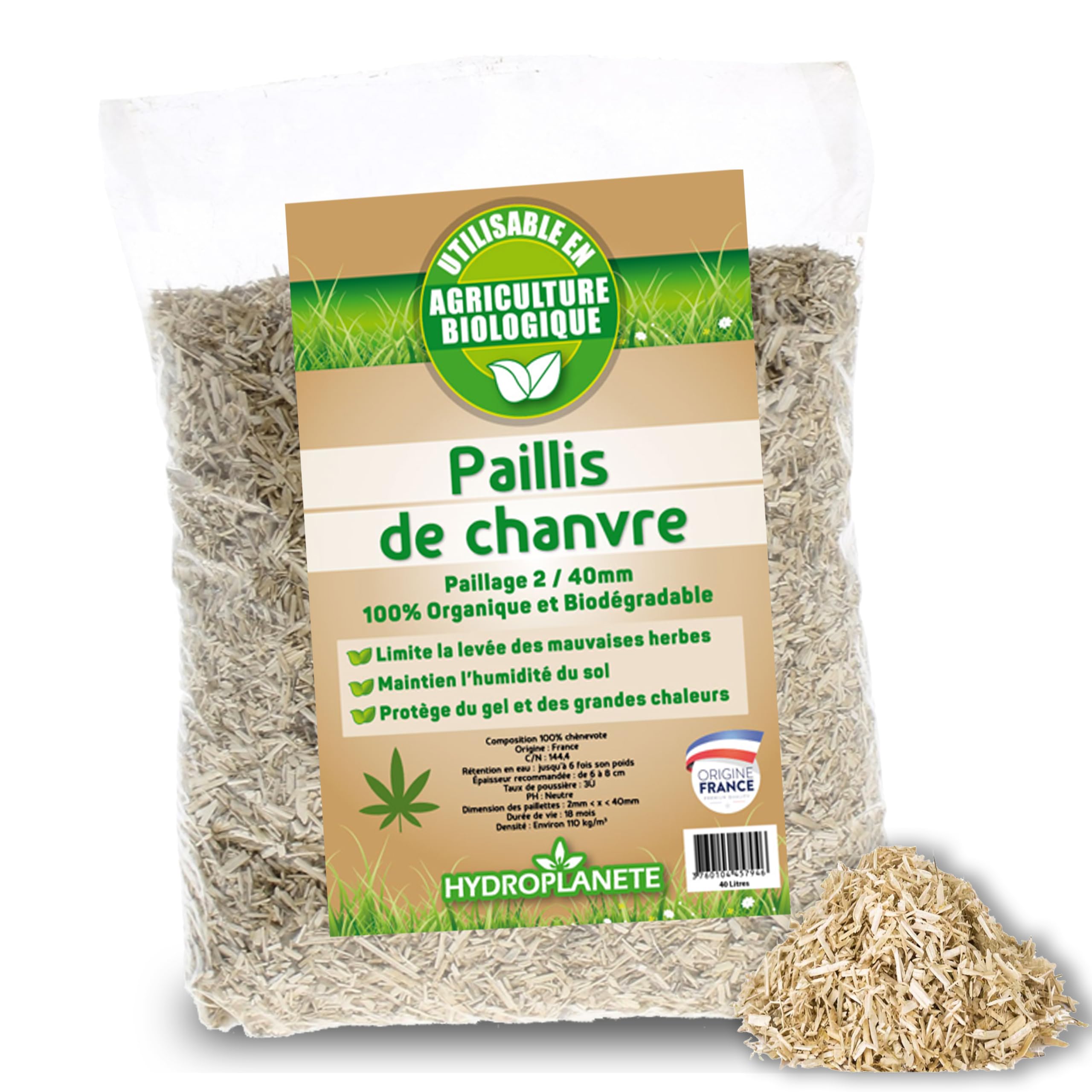 HYDROPLANETE Paillis de Chanvre 100% Naturel Sacs 5L 10L 20L 50L 100L 200L Agriculture Biologique Potager