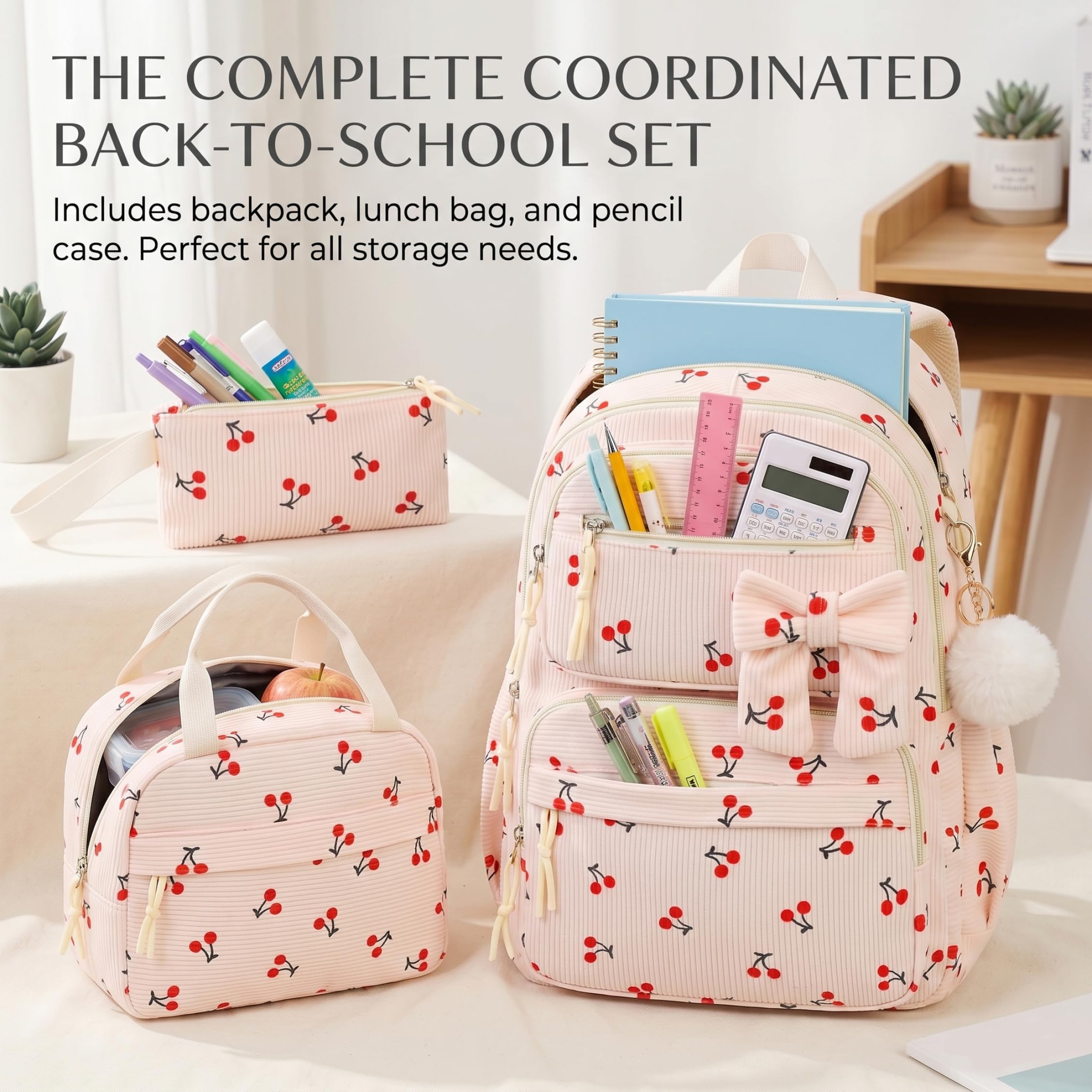 3 unids/set mochila de cereza, linda mochila de pana con paquete de comida y estuche para lápices para niñas y mujeres, beige, preppy, cereza