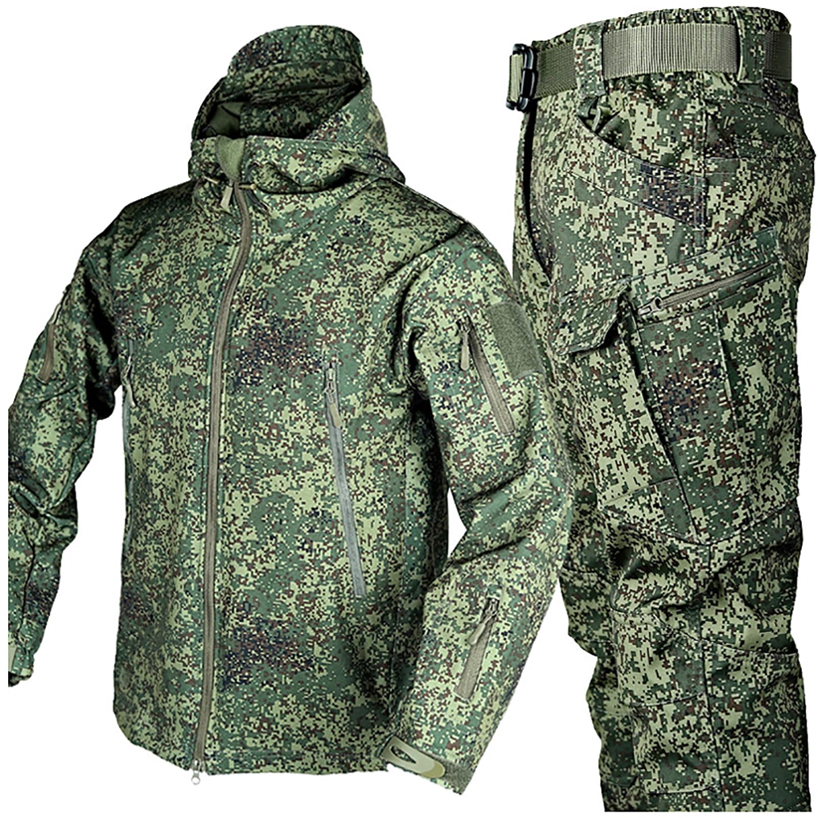Completo da uomo tattico con giacca e pantaloni, impermeabile, uniforme militare da combattimento, mimetica, per la caccia nei boschi, con cappuccio e cerniera