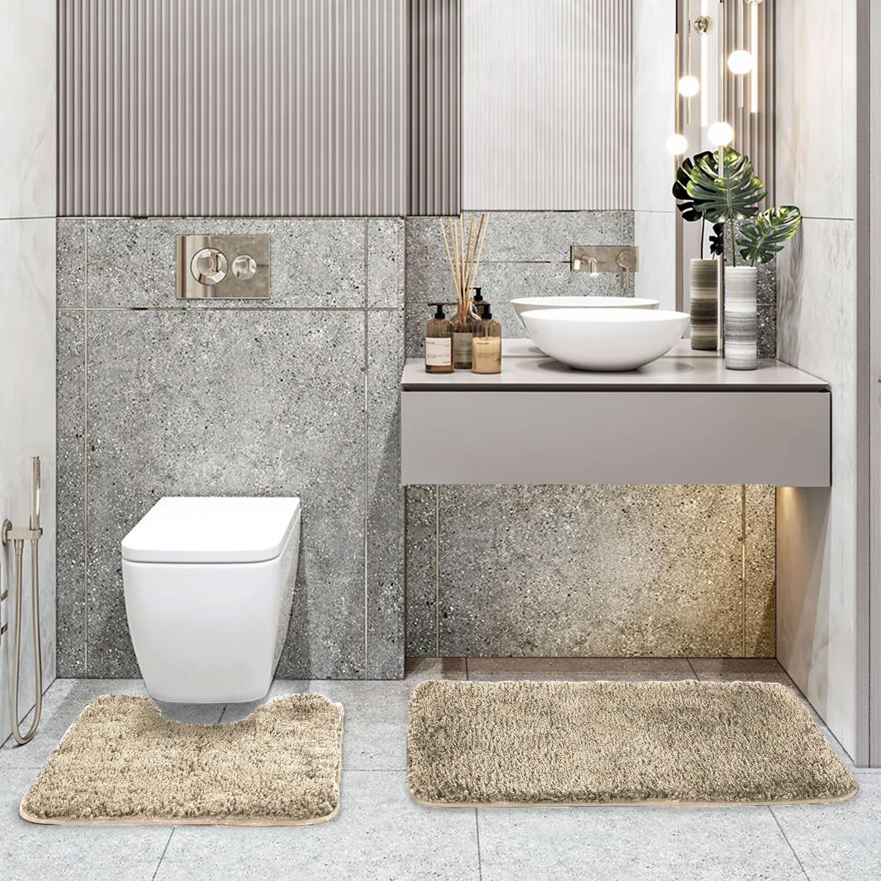 LUXE HOME INTERNATIONAL Polyester Contour Bath Mat – Washable, Anti Skid, Water Absorbent Contour Mats for Bathroom, Toilet, Wash Basin & Bathroom Contour Mat Set (Beige, 45x 75 cm & 40x45)