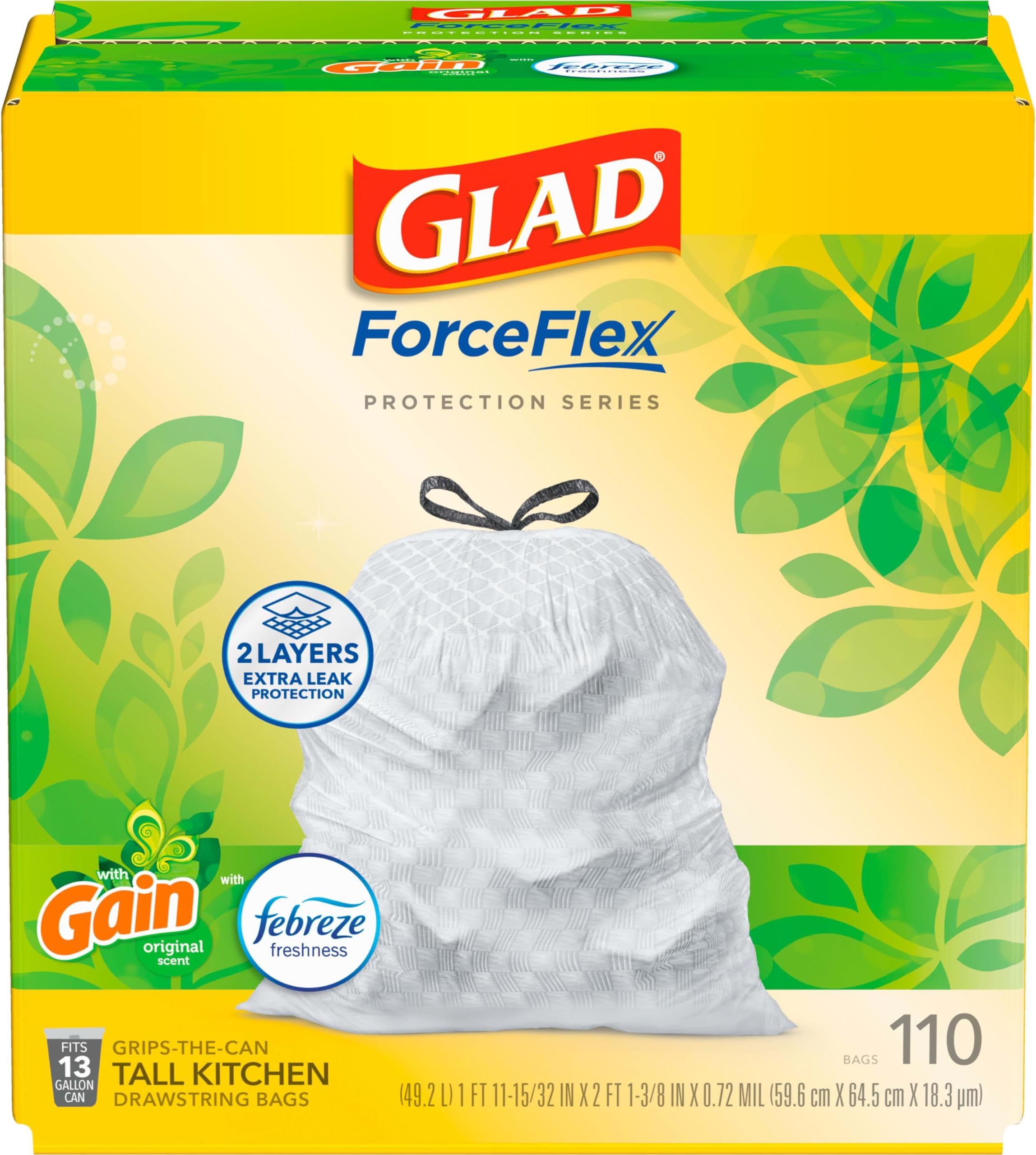 Glad Protection Series Drawstring Gain Original, 13 Gallon, 110 ct