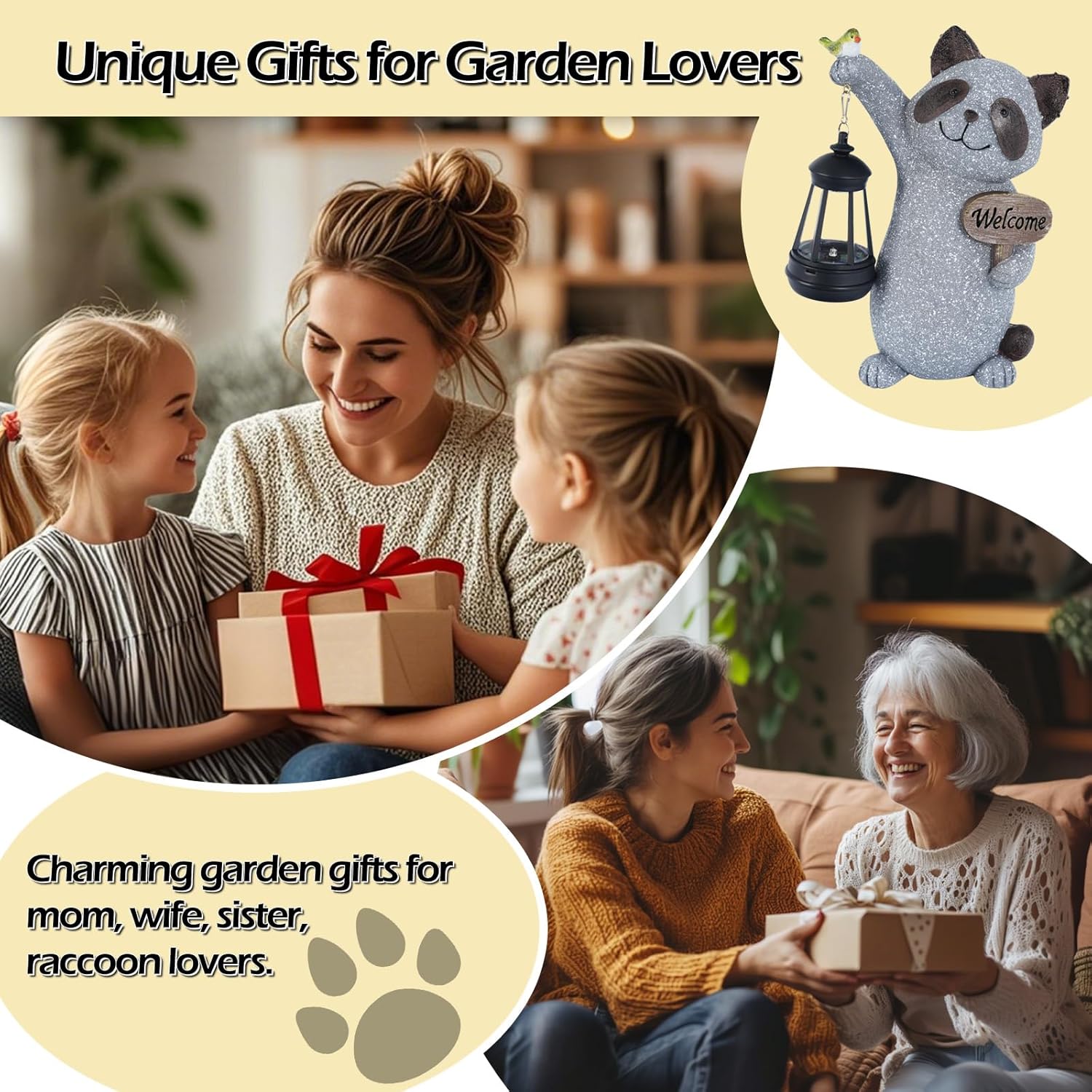 Raccoon Garden Statue with Solar Lantern, Cute Raccoon Figurine Light with Welcome Sign and Bird for Outdoor Patio Balcony Yard, Unique Resin Statue for Mom Grandma Women