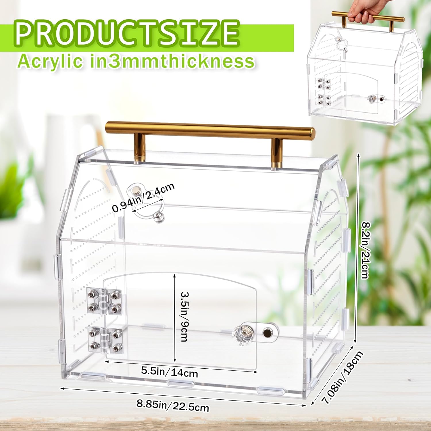 Jumping Spider Enclosure, 8.8" x 7.1" x 8.2" Acrylic Tarantula Enclosure with Feeding Hole and Magnetic Door, Reptile Terrarium Habitat for Tarantula, Spiders, Beetle, Mantis