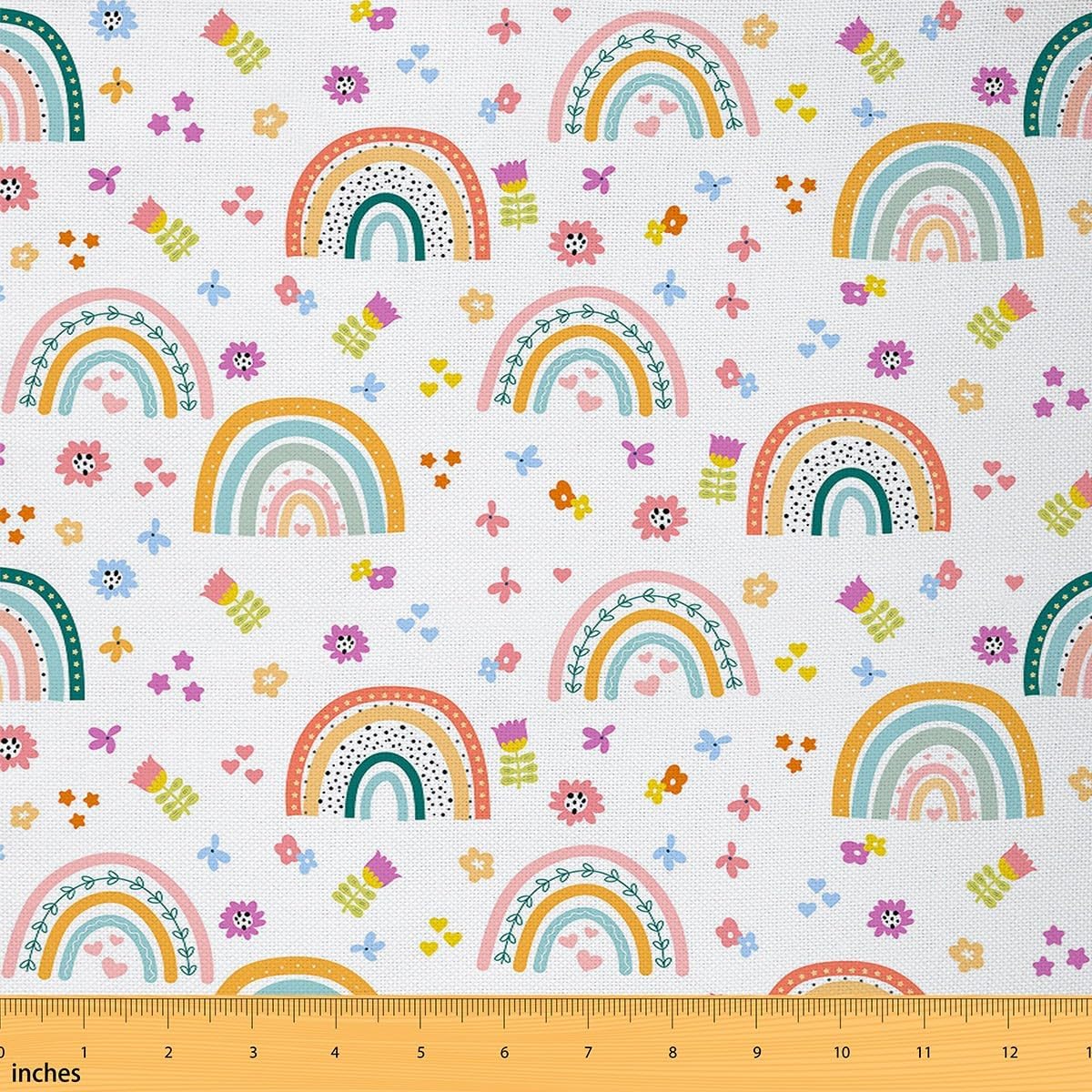 Boho Rainbow Fabric by The Yard,Watercolor Flowers Hearts Material by The Yard,Cartoon Bohemian Fabrics Panels for Quilting,Spring Flowers Plants Sewing Fabric,5 Yards,180" L x 59" W