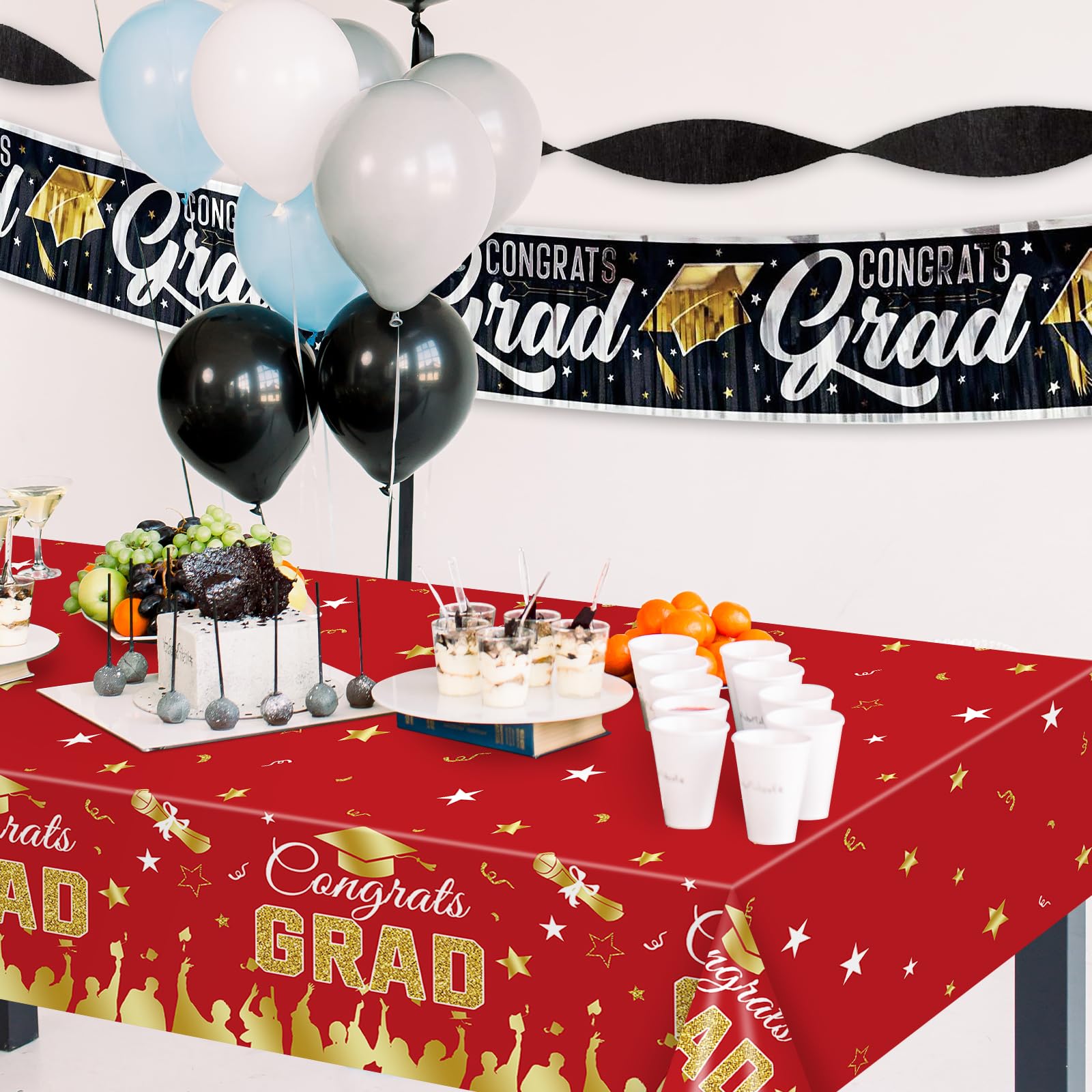 3-Pack Graduation Tablecloths For 2024 Parties - 54x108 Inch Red Plastic Congrats Grad Table Cover Decor - View #4
