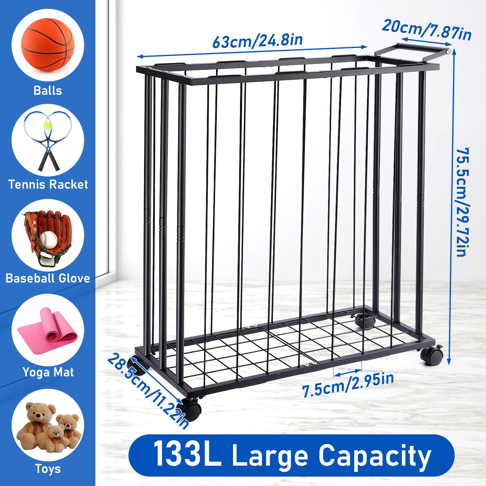 TOBWOLF Garage Veranstalter Ballständer, Ballaufbewahrung Outdoor mit Rädern, Abnehmbares Ball Aufbewahrung, Basketball Halter für Basketball, Fußball, Football, Volleyball