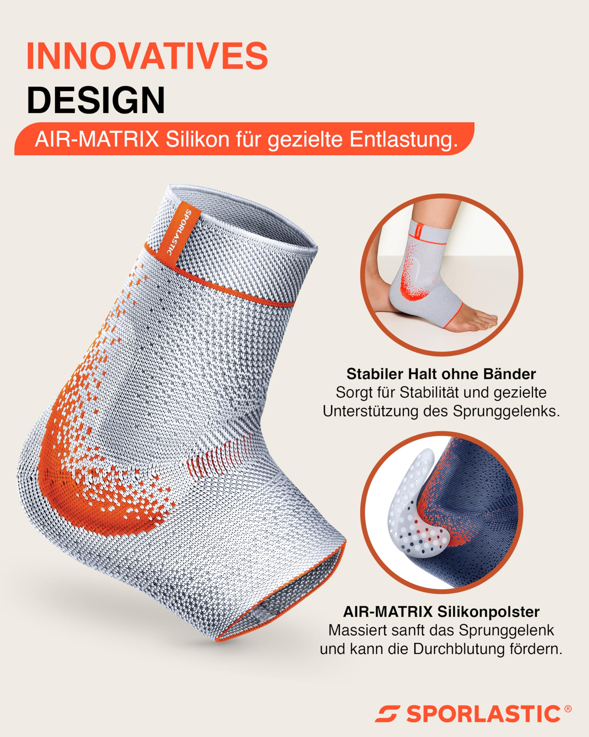 SPORLASTIC Sprunggelenkbandage MALLEO-HiT SUPREME, Platinum/Orange, Gr. 3 | Für rechts & links, Knöchelbandage, Gel-Pelotten, Kompression, Sport & Reha, atmungsaktiv, ergonomisch