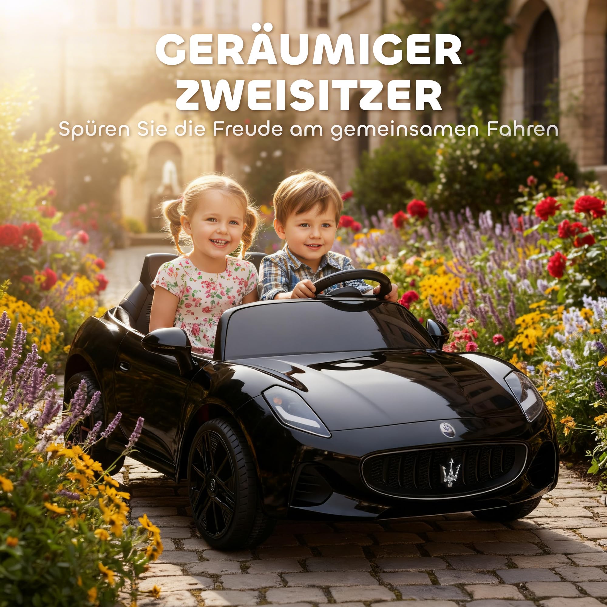 AIYAPLAY Kinder Elektroauto Maserati 12V 2-Sitzer Kinderauto Schwarz | 2,4 GHz Fernbedienung, 2 Motor, Elektrofahrzeug mit Federung, Musik, USB, Hupe, LED-Leuchten, für 3-8 Jahre, 3-8 km/h
