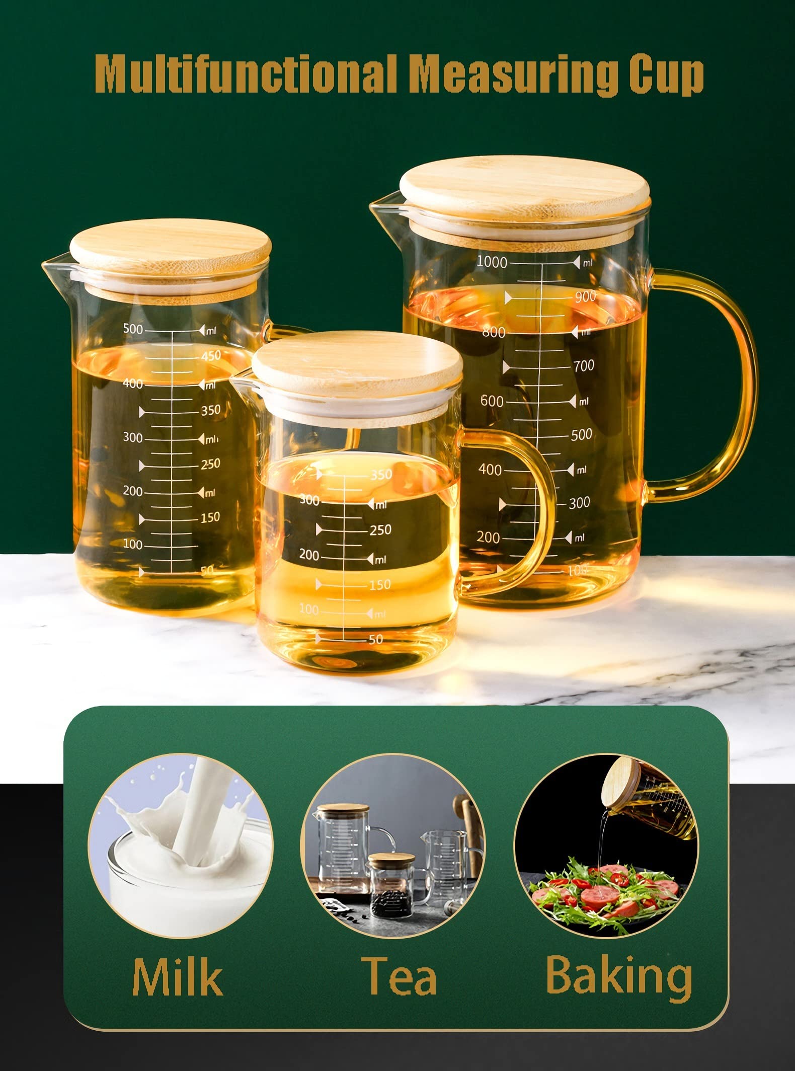 Caraffa graduata in vetro con coperchio, bicchiere graduato con manico, contenitore per liquidi solidi, misurino con spazzolino per la pulizia, tazze per mescolare per cuocere bevande al caffè, forn