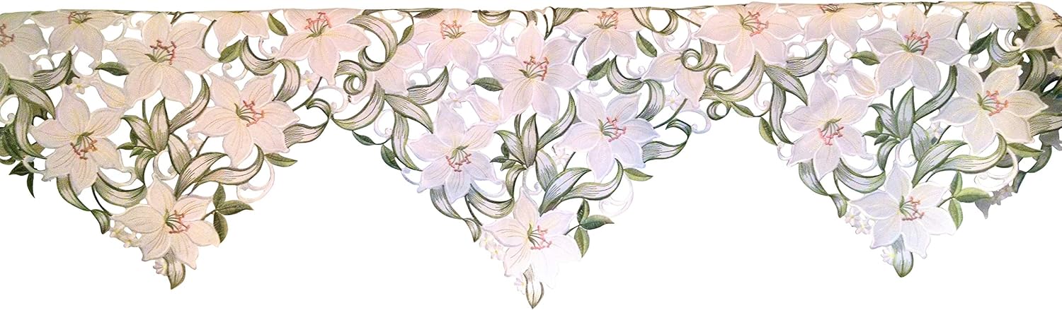 Easter Fireplace Mantel Runner with White Lily Flowers Handmade, Size 84 x 27 inches