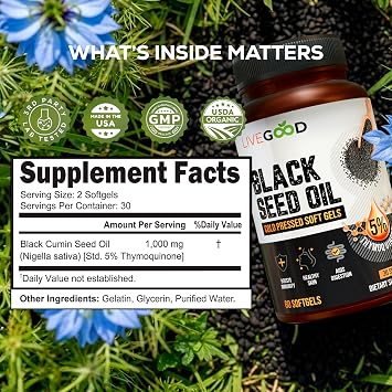 LIVEGOOD Black Seed Capsules, Cold Pressed Black Cumin Seed Supplement for Immune and Hormone Support, Blackseed Extract from Nigella Sativa (60 Count)