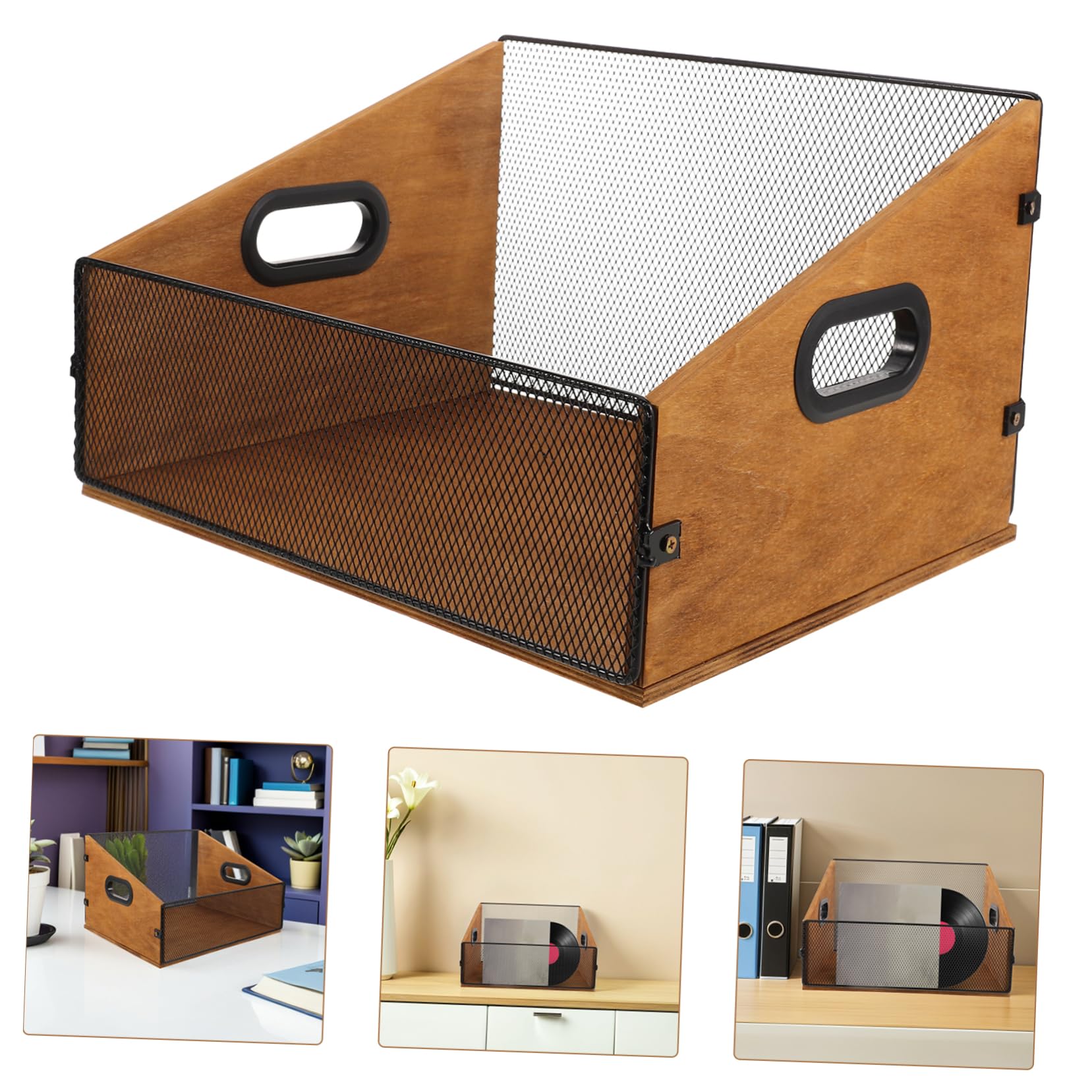 Didiseaon Scatola Porta Album in Legno con Manici per Vinili Organizer Spazioso per Dischi Riviste e Libri Supporto Resistente per Archivi Multimediali Cassa Rustica per Soggiorno e Studio