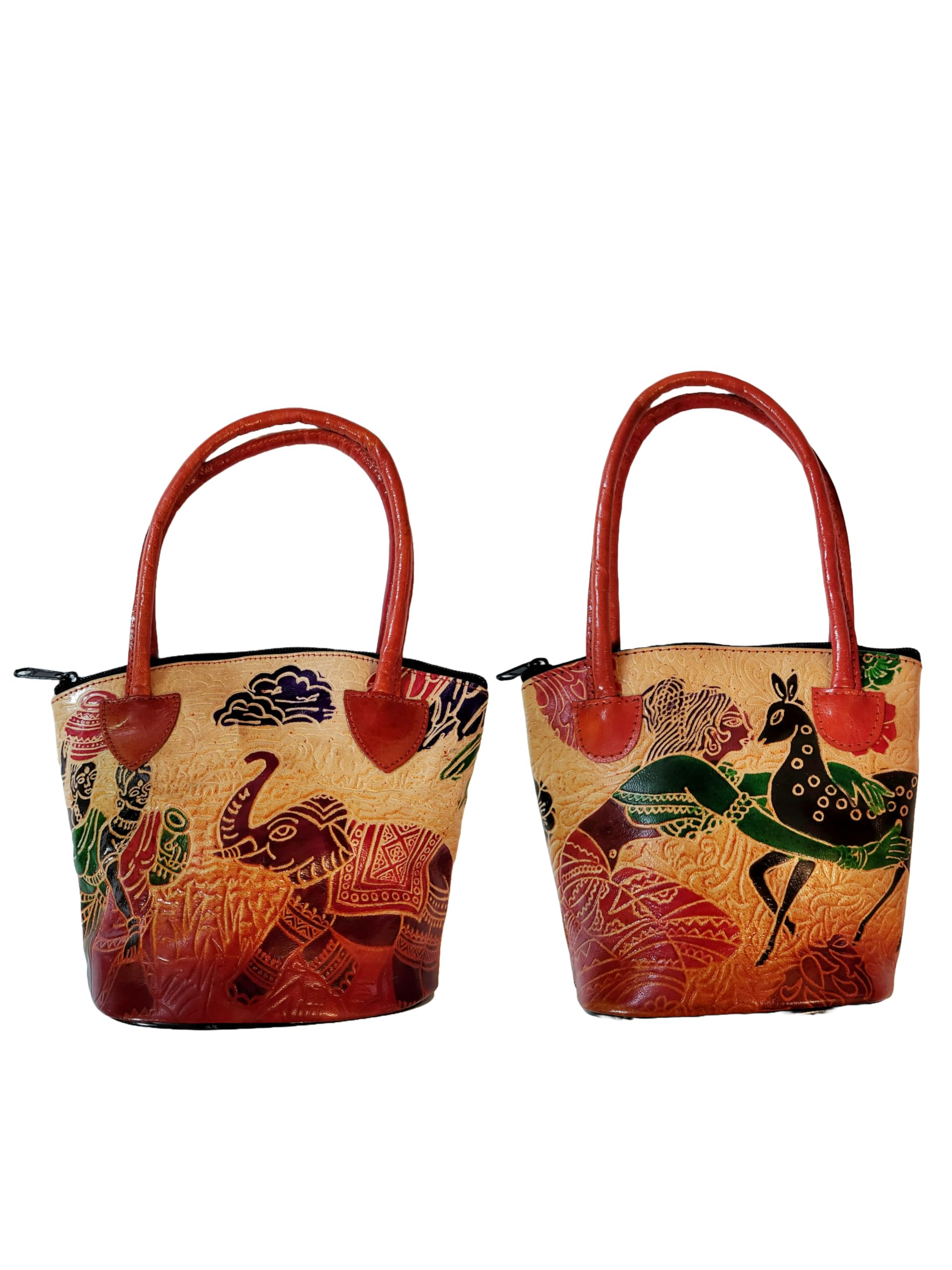 Womens Shantiniketan Pure Leather Ethnic Printed Hand Bag Purse Small Batua Lady With Elephant, Multicolor