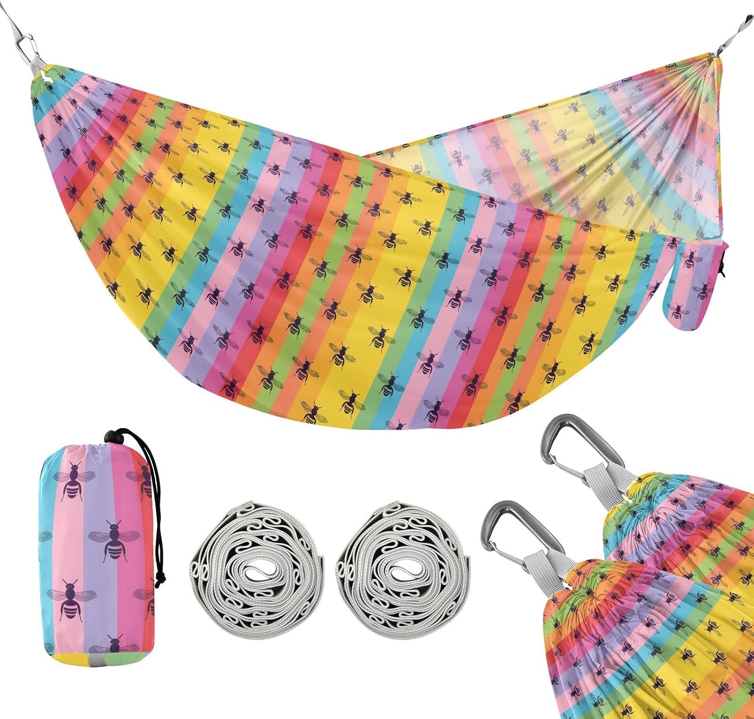ALAZA Bee Rainbow Stripes Camping Hammocks Single or 2 Person 500 lbs Portable Parachute Travel Hammock w/Tree Straps for Hiking Backpacking Indoor Outdoor