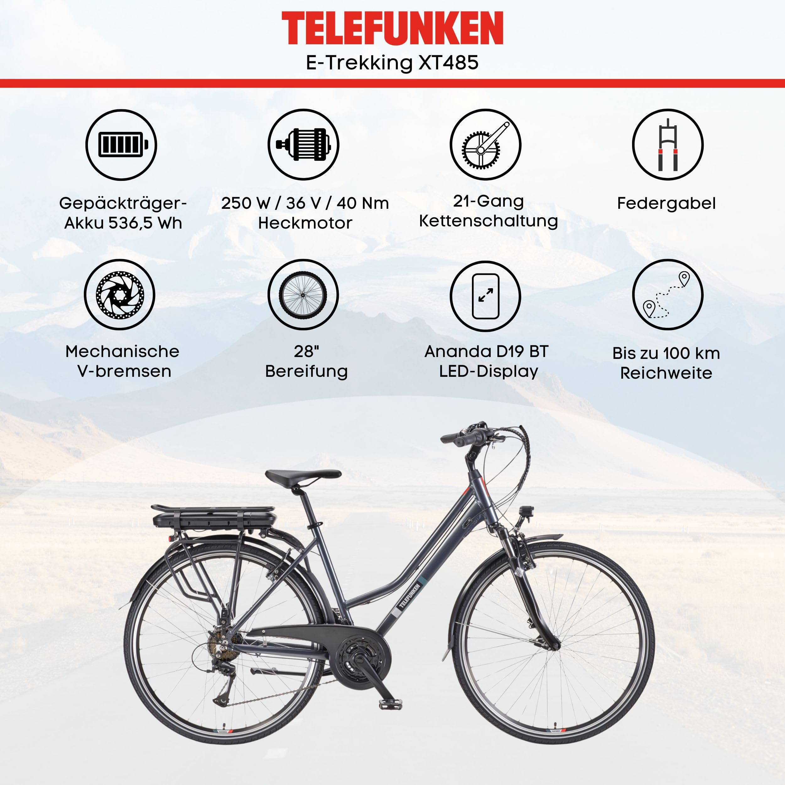 TELEFUNKEN E-Bike Damen 28 Zoll Trekking-Fahrrad | 21-Gang Kettenschaltung | Elektrofahrrad mit 250W Hinterradmotor und 536,5 Wh Li-Ion Akku | Pedelec mit V-Bremsen | inkl. Panzerkabelschloss | XT485