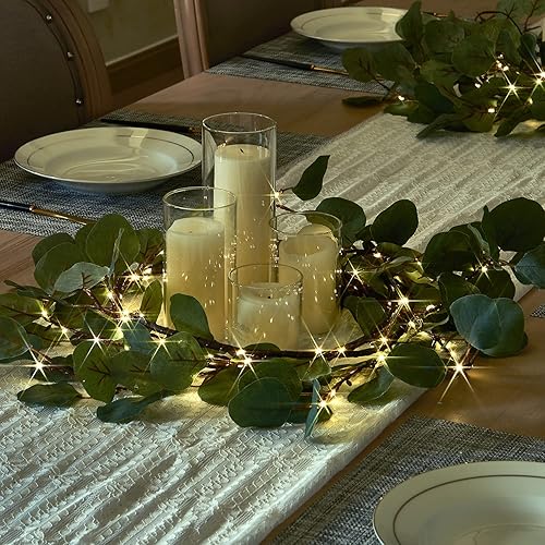 Miniatura 4 de Birchlitland Guirnalda de hojas de eucalipto con temporizador de luces de 6 pies 96 LED blanco cálido, guirnalda de otoño con luces funciona con