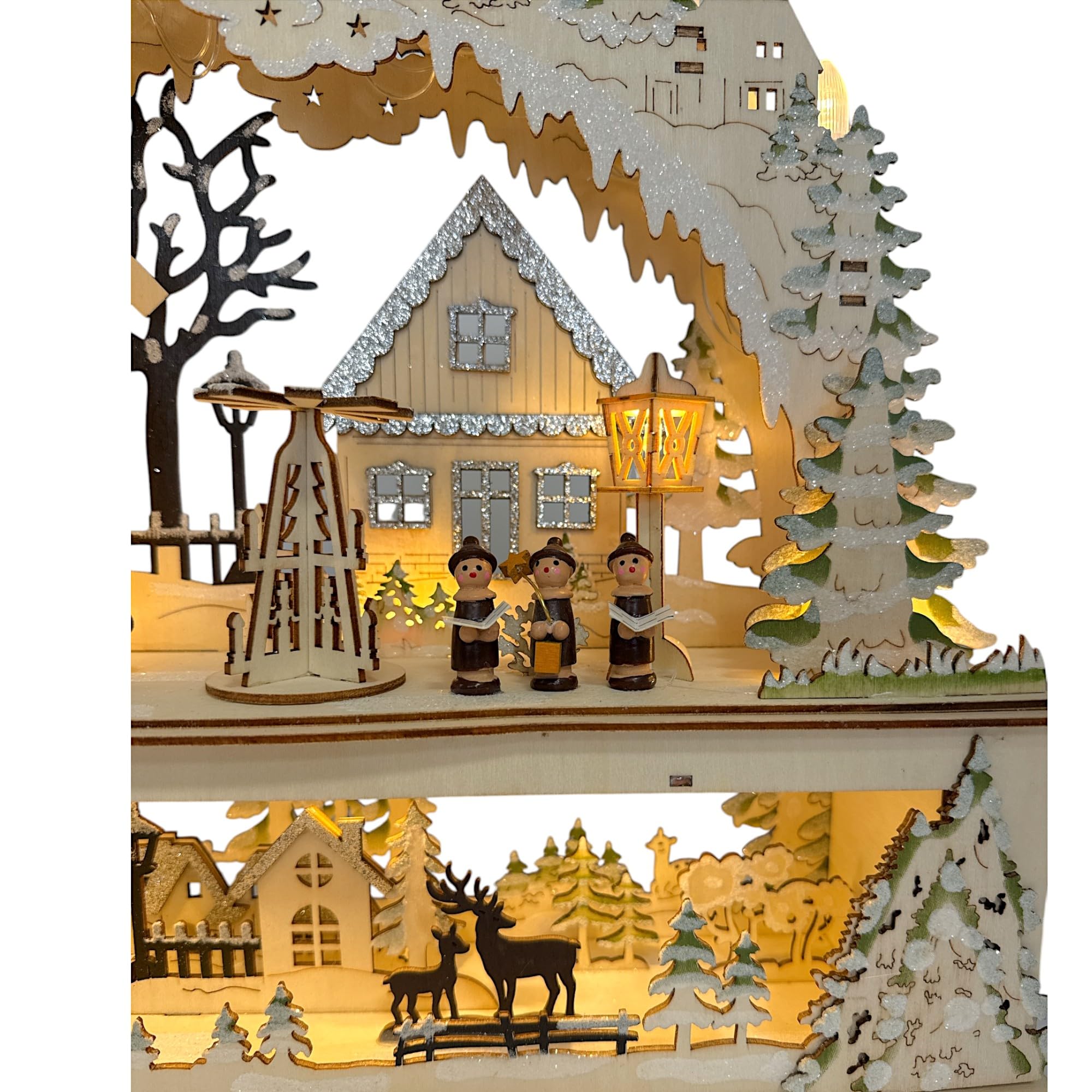 Wichtelstube-Kollektion LED Schwibbogen Fachwerkhaus Kurrenden vor Weihnachtspyramide Lichterbogen Weihnachten Schwippbogen mit Podest Holz Weihnachtsdeko