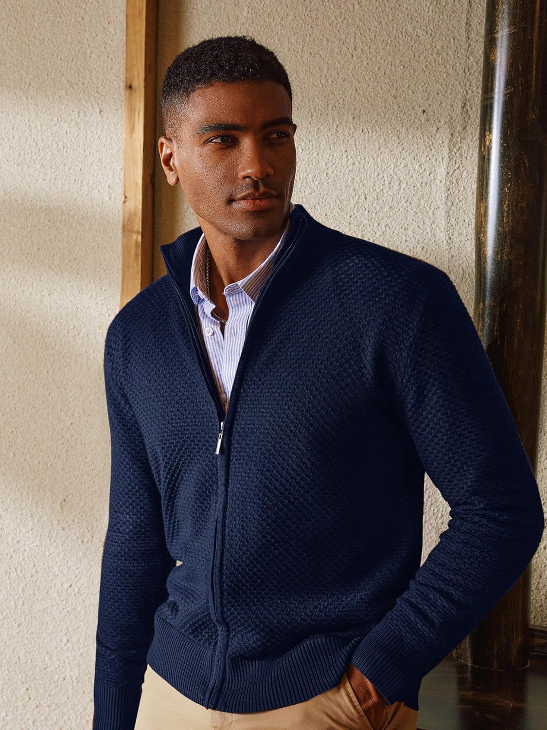 PJ PAUL JONES Mens Cardigan Sweater Full Zip Up Stand Collar Cardigans Long Sleeve Knitted Sweaters - Image 4