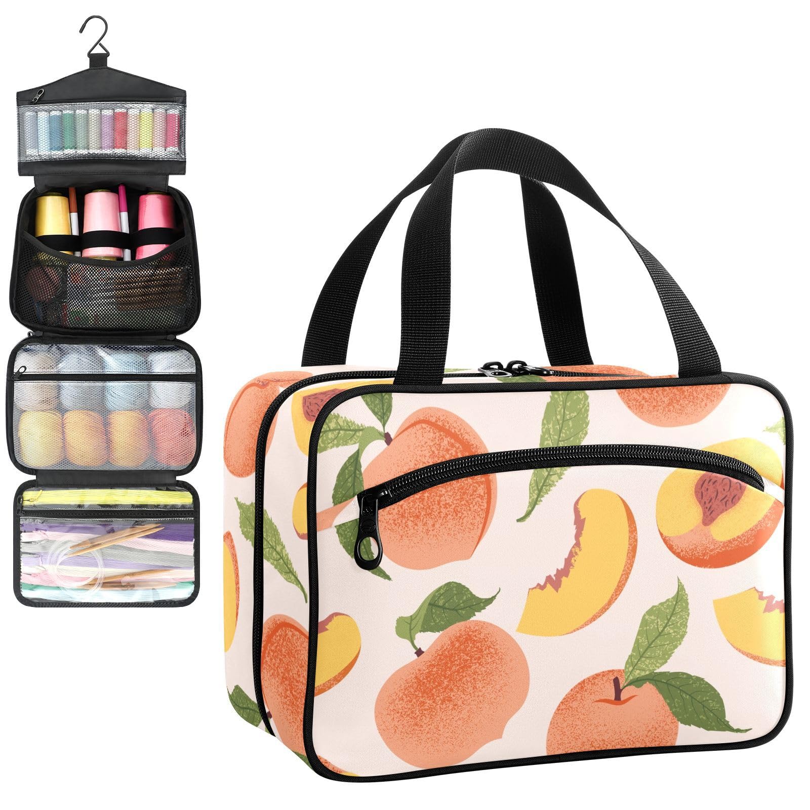 YNNALE Sewing Supply Organizer Bag, Peach Pink Summer Fruit Cute Modern Portable Sewing Bags with Pockets&Hanger, Sewing Storage Box Case for Sew Supplies/Kit/Tools/Accessories (BAG ONLY)