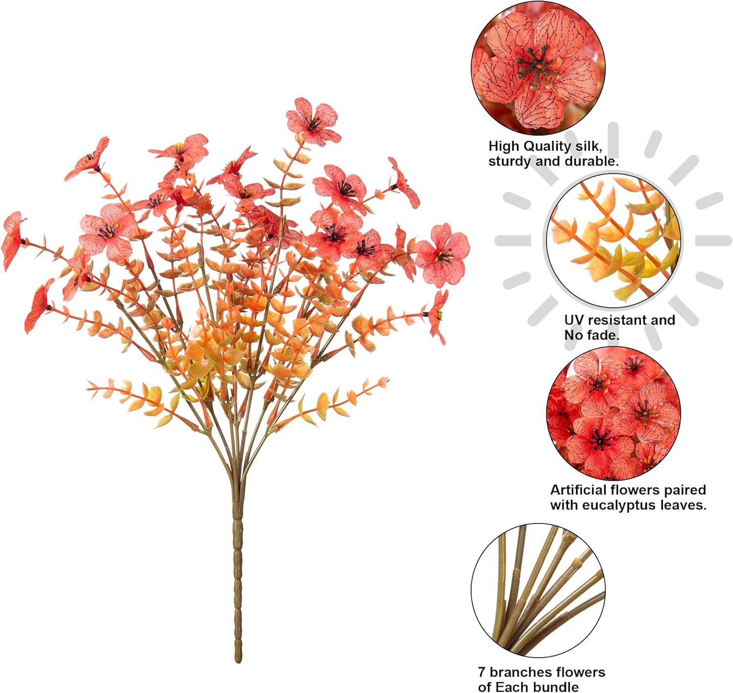 HyeFlora Artificial Fall Flowers Faux Mums for Outdoor Indoor Garden Home Decoration, Faux Flower Daisy with Eucalyptus Leaves Fake Mums Plants Greenery Boxwood Porch Patio, 12 Bundles (F Orange) - Image 3