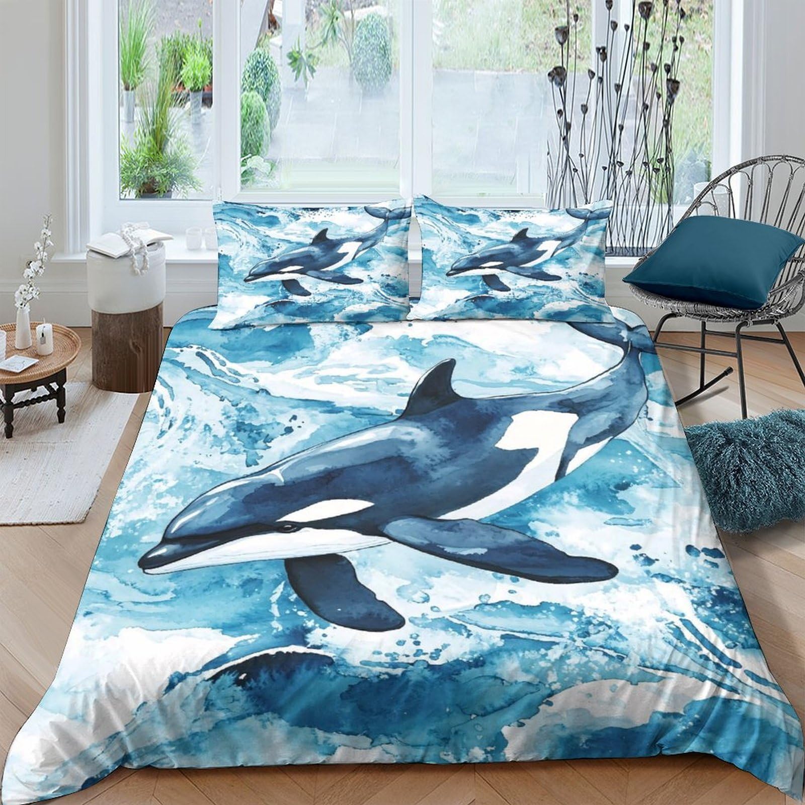TUFRTGYHN 3D Printed Orca Ocean Duvet Cover Microfiber Soft Breathable Whale Bedding Set with 2 Pillowcases for Bedroom Decor Single（135x200cm）