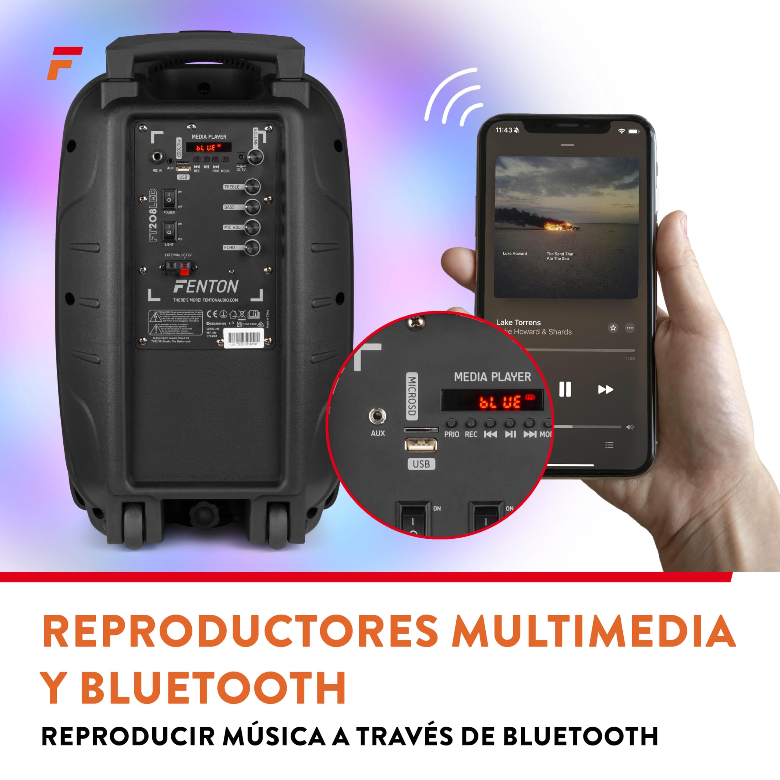 Fenton FT208LED – Altavoz Bluetooth Grande Potente 500W con microfono, Doble woofer 8", Altavoz portátil Bluetooth Potente con USB, Karaoke y batería Recargable Color Negro