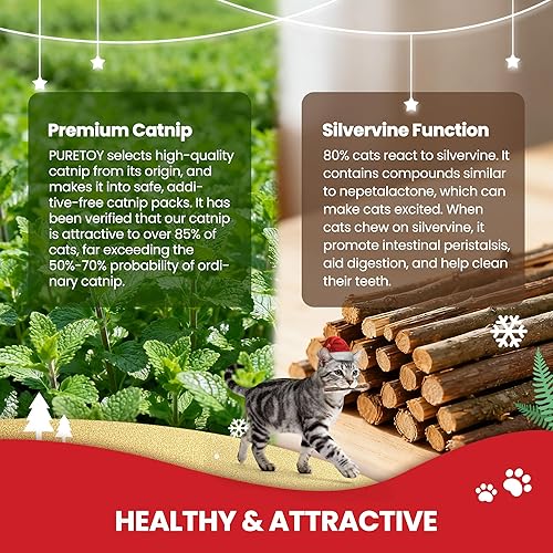 Miniatura 4 de Juguetes navideños para gatos  5 juguetes de hierba gatera para gatos con temática navideña, juguete masticable con palos de vid plateada para la