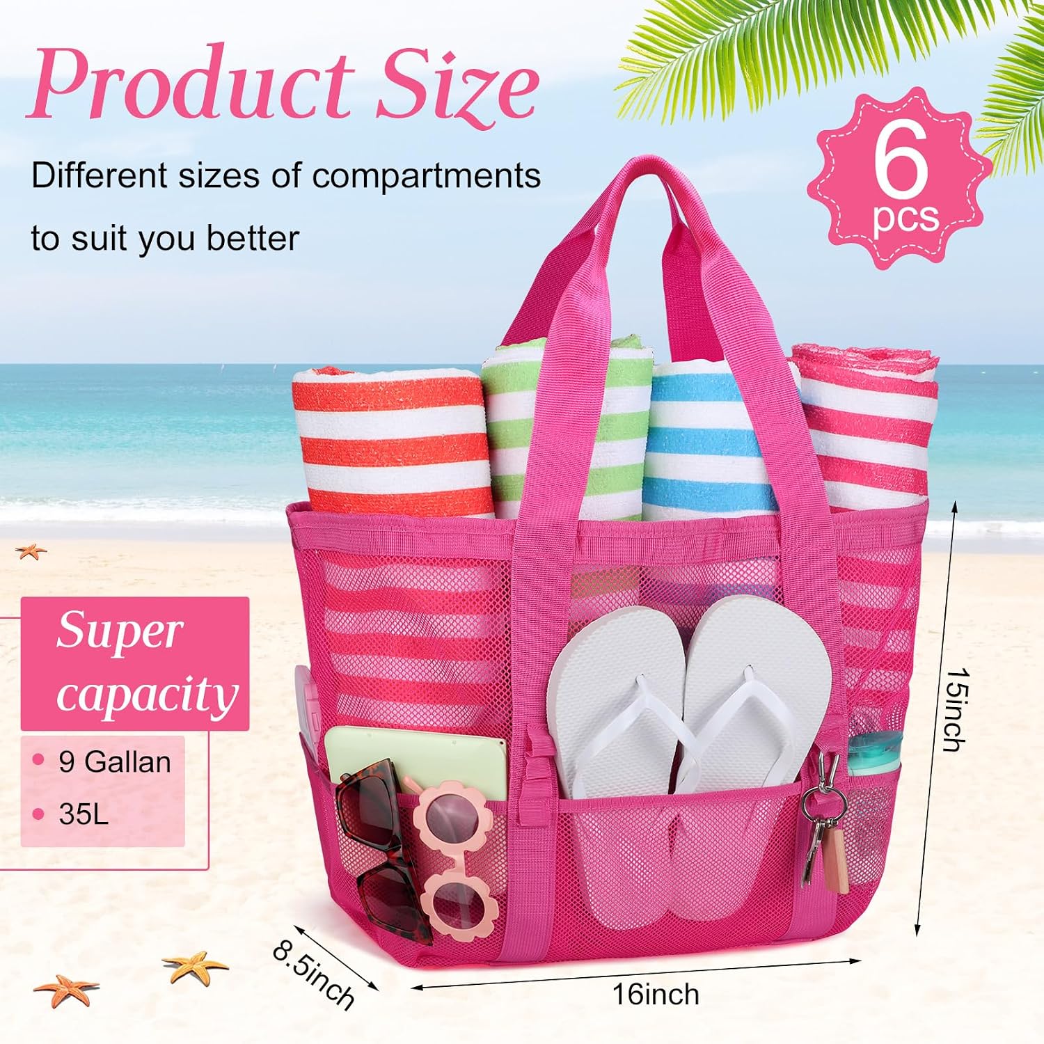 Hillban Large Beach Mesh Bags Bulk for Women Beach Tote Bag with 8 Pocket Zipper Waterproof Sandproof for Pool Cruise Ship