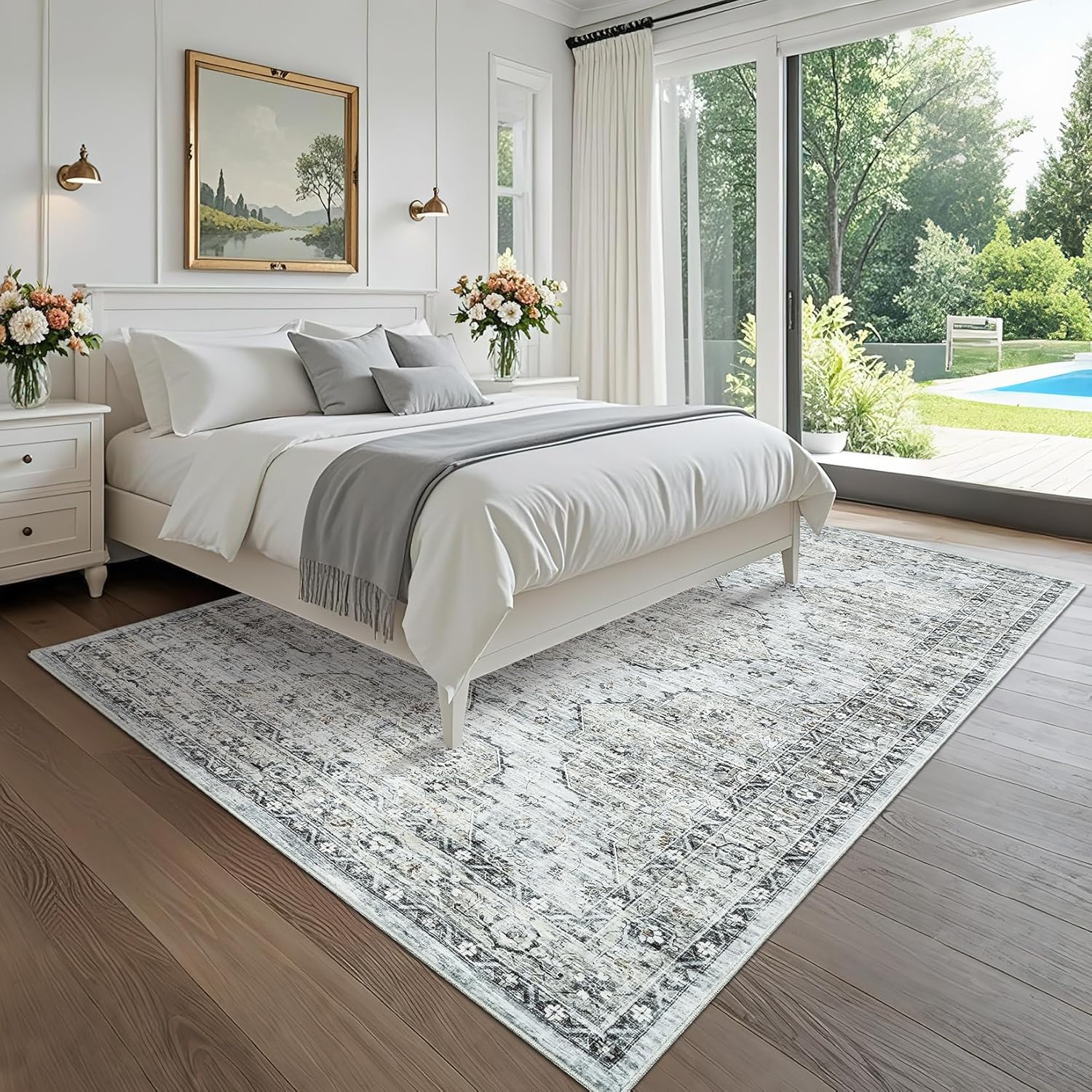 Living Room Area Rug 8x10 Area Rug Vintage Indoor Carpet Low Pile Stain Resistant Throw Carpet Non Slip Non Shedding for Bedroom Playroom Dining Room，Blue Brown