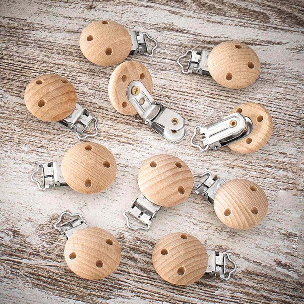 RUBY 10 Stücke Schnullerclip, Natur Schnullerclips Holz Schadstofffrei, Baby Schnuller Clips, Dummy Clip Halter FüR Baby Und Kind (10Stücke-n)