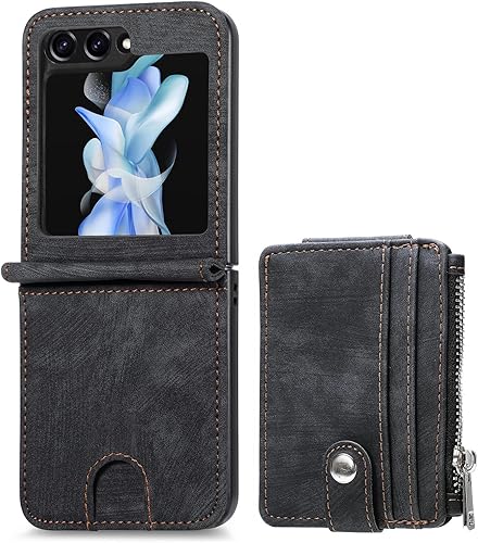 Miniatura 2 de Fundas para Galaxy Z Flip 5 Funda tipo cartera con tarjetero retro 2 en 1 con cremallera desmontable Flip Wallet Kickstand Premium PU Funda