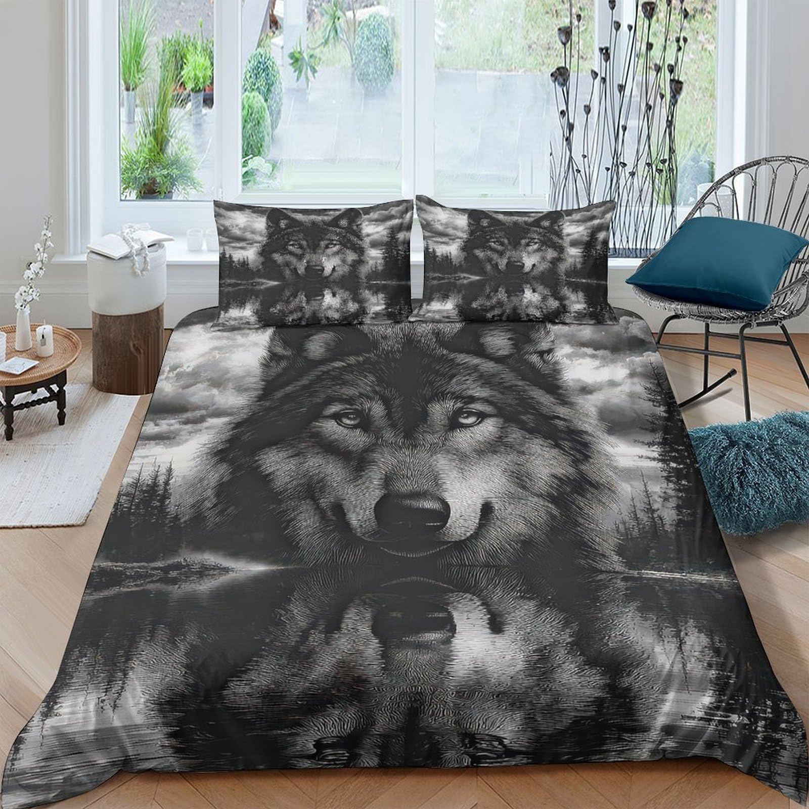 GPLZQXKJNH 3D Printed Wolf Forest Duvet Cover Microfiber Soft Breathable Animal Bedding Set with 2 Pillowcases for Bedroom Decor Single（135x200cm）
