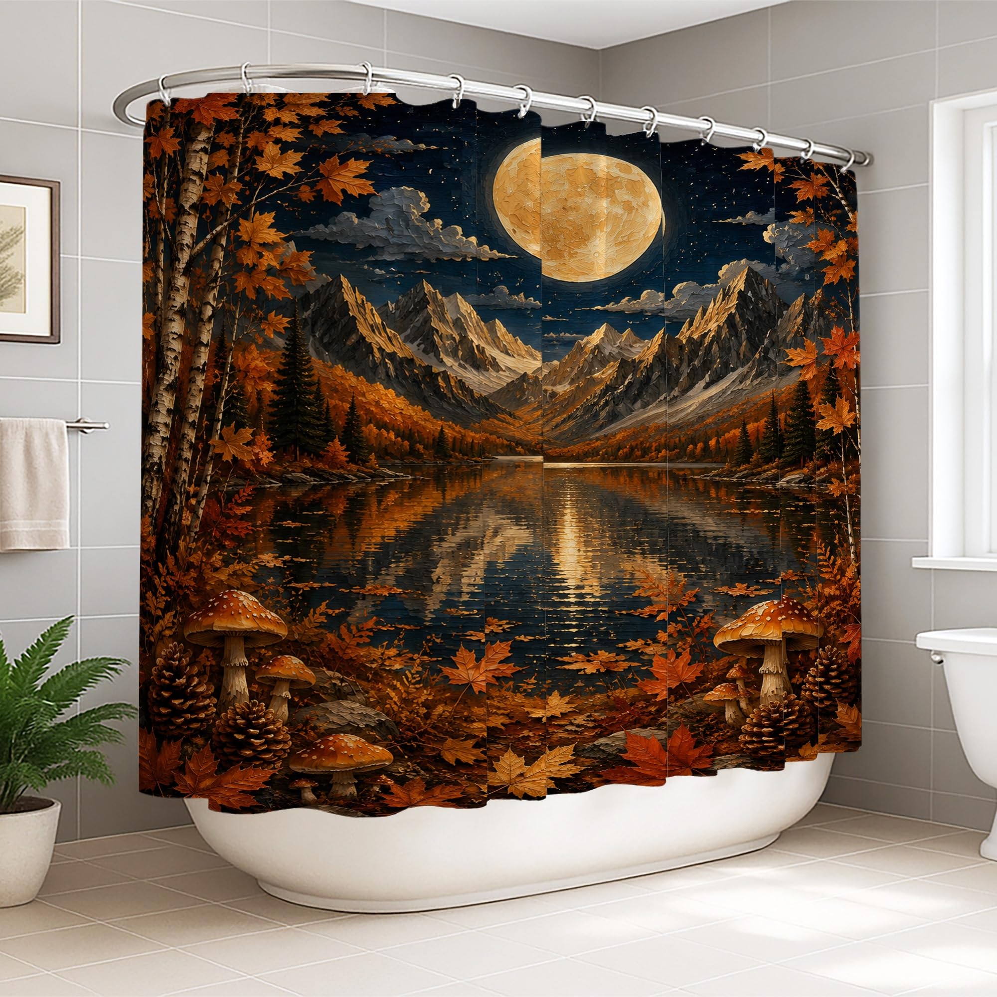 Rideau de douche en tissu imperméable orange xxl déco montagne et champignon