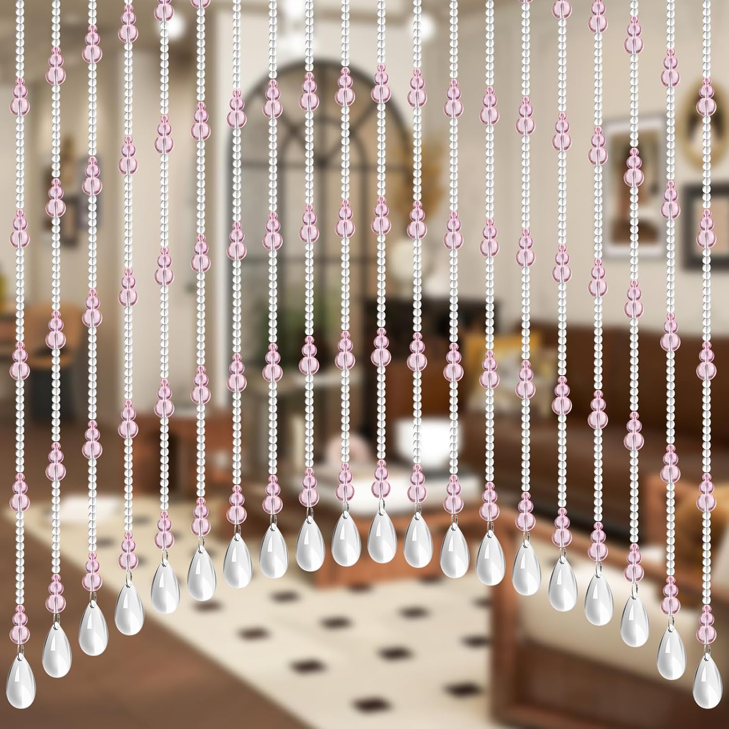 Pink Beaded Curtains for Doorways, 20 Strings Arched Doorway Beads with Adhesive Hooks, Romantic Crystal Acrylic Partition Curtain for Living Room Bedroom Divider Boho Home Decor