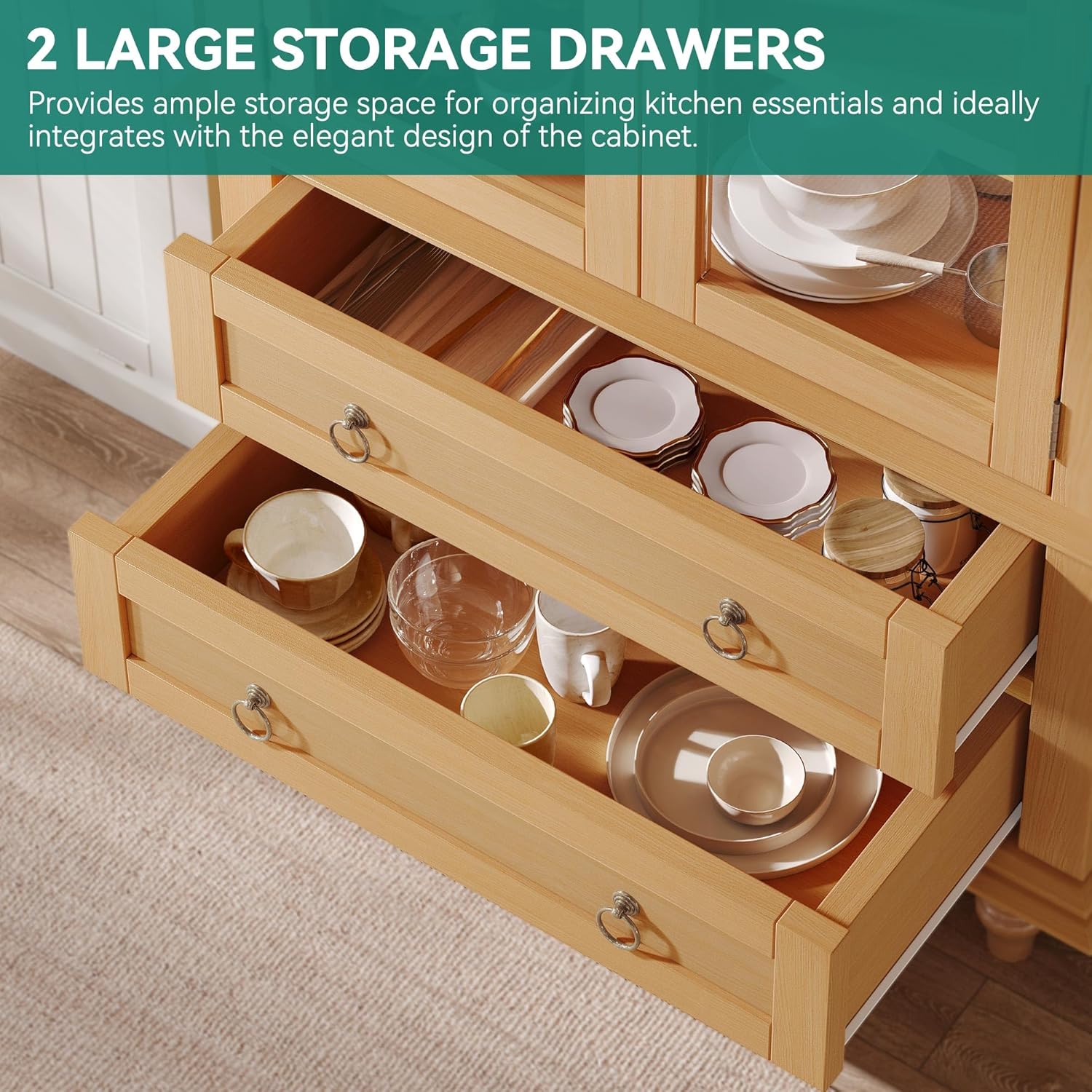 YITAHOME Arched Glass Display Cabinet with RGB LED Lights, Pantry Cabinet with 2 Large Drawers, Modern Kitchen Storage Hutch for Kitchen, Dining Room, Living Room (Natural Wood)