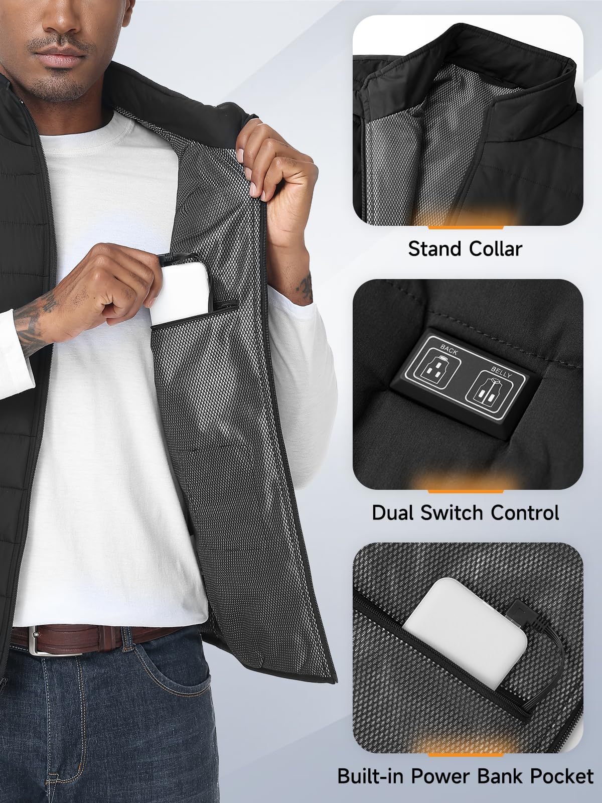 Gilet chauffant, veste chauffante homme femme avec batterie incluse, 7,4V/5V blouson chauffant, manteau Électrique avec 3 Niveau de chauffant | 6 zones chauffante, doudoune homme, Hiver Vêtement