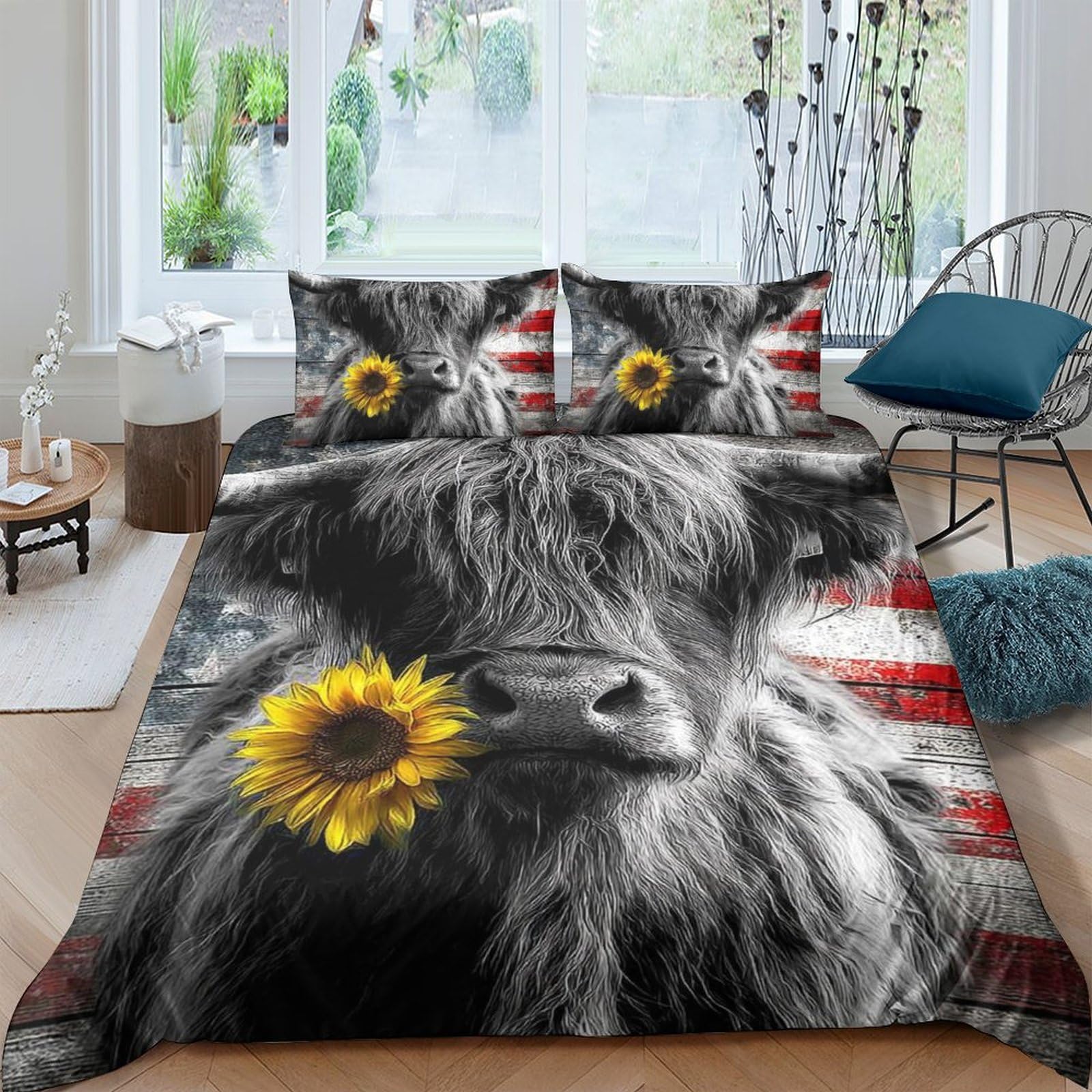 Ctjqhvkz Style-6 3D Printed Highland Cow Sunflower Fitted Sheet Microfiber Soft Anti-Slip American Flag Bed Cover For Bedroom Guest Room Decor Single（135X200cm）