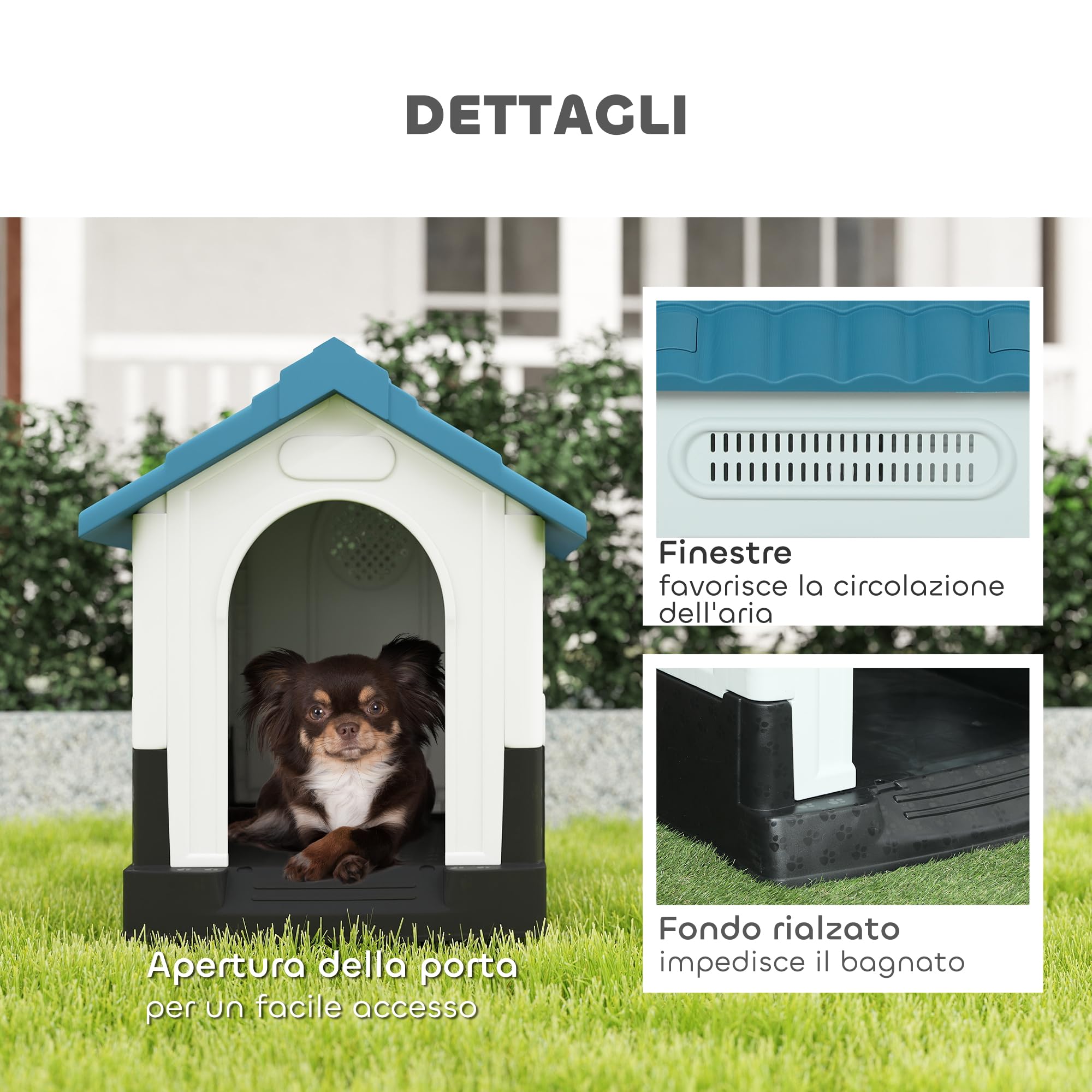 PawHut Cuccia per Cani da Esterno in Plastica, Casetta per Cani Piccoli e Mini con Finestre, Tetto Spiovente e Base Rialzata, 64.5x57x66 cm, Blu