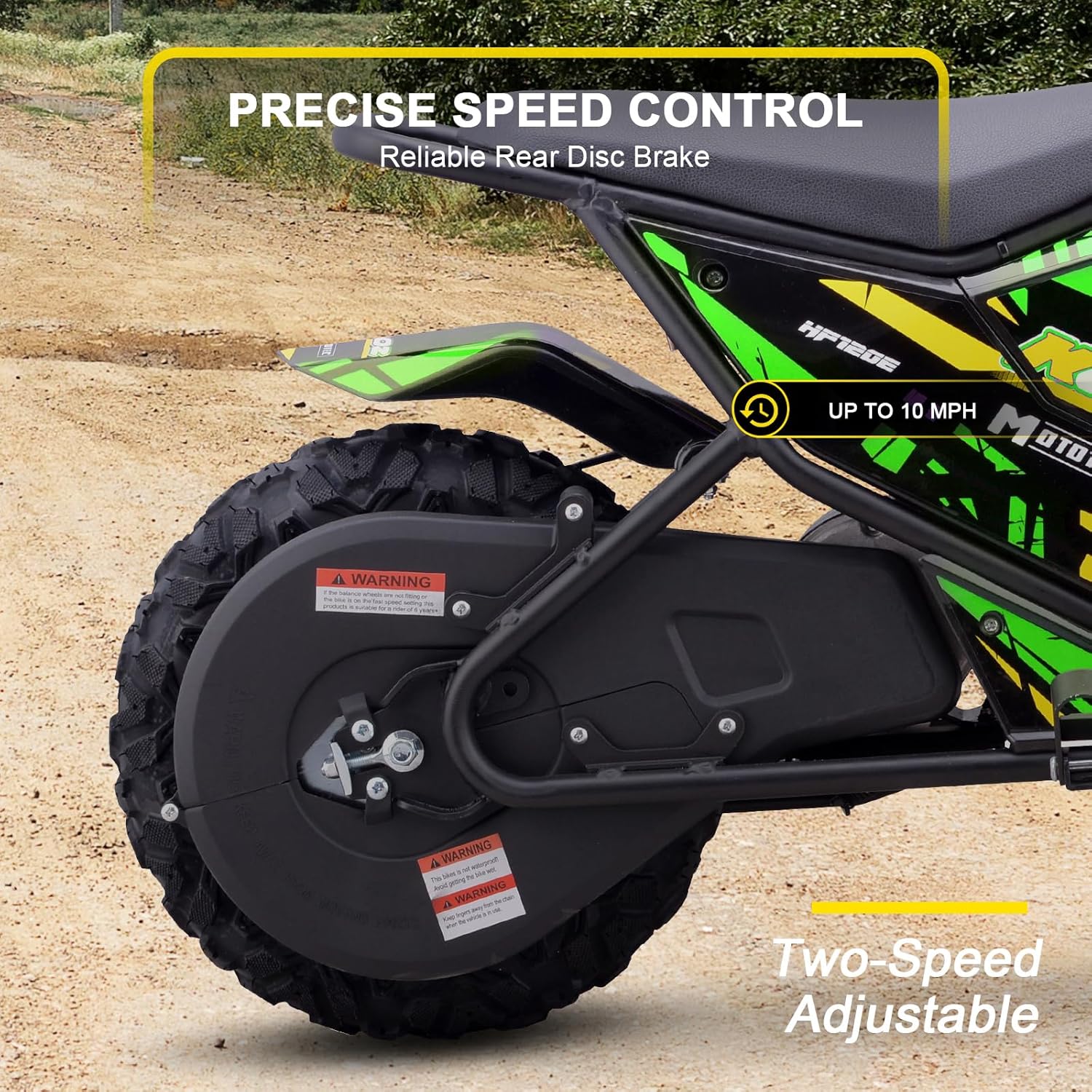 Close-up of the KOOZ Electric Dirt Bike's rear wheel, chain guard, and two-speed adjustable switch