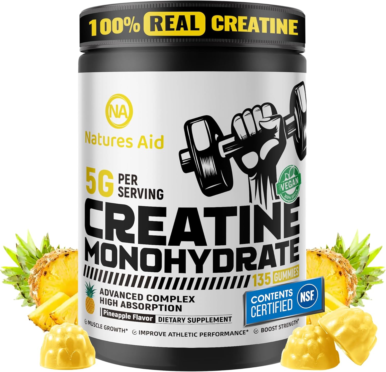 Natures Aid NSF Certified Creatine Gummy 5g - Creatine Monohydrate Gummies – Pre-Workout Energy & Muscle Growth Support for Men & Women | Pineapple Electrolyte Gummies (135 Count)