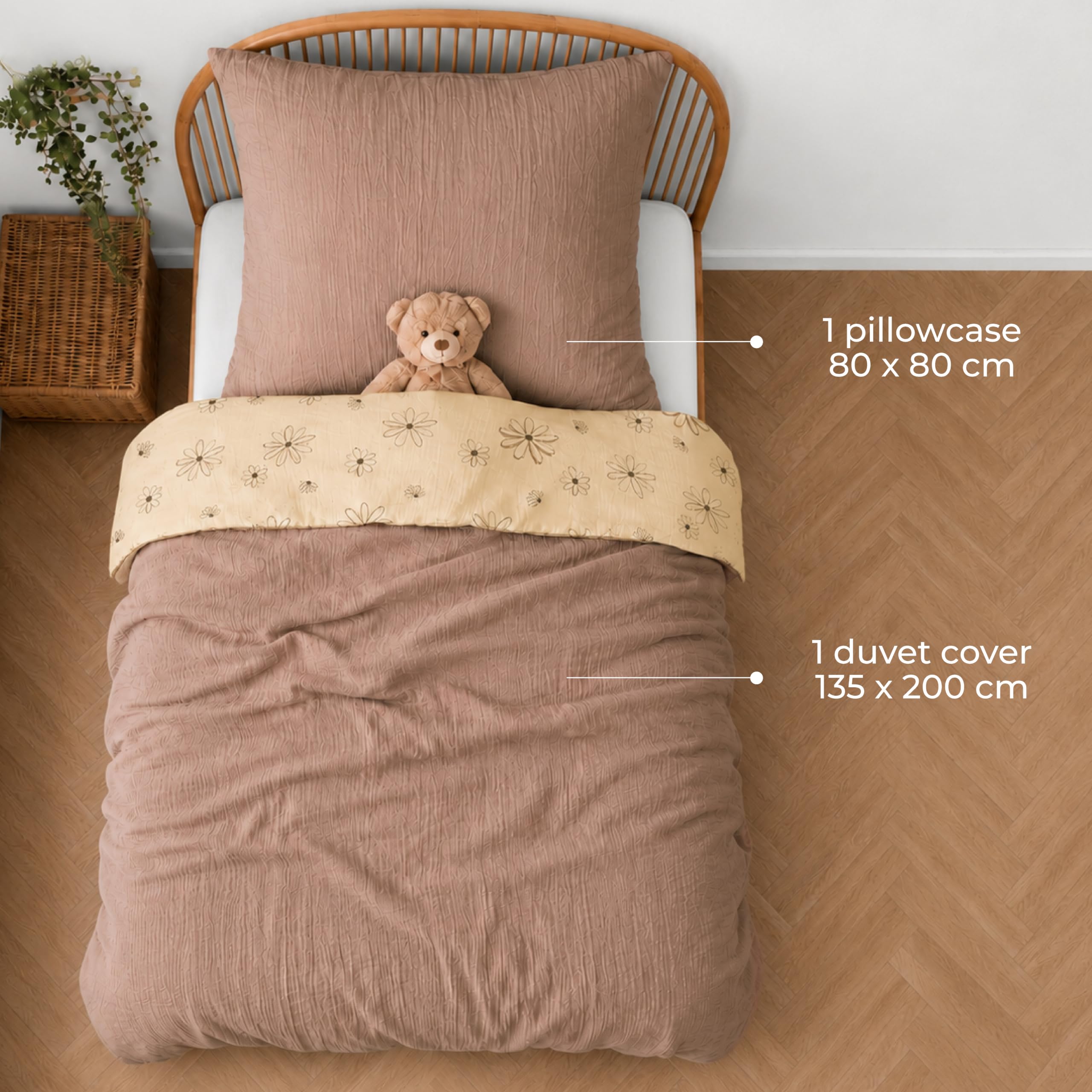 Dwustronny komplet pościeli dziecięcej Dreamzie 135x200 cm, 100% bawełna - poszwa na kołdrę z gazy bawełnianej 135x200 cm + poszewka na poduszkę 80x80 cm, wzór kwiatowy - Oeko-TEX