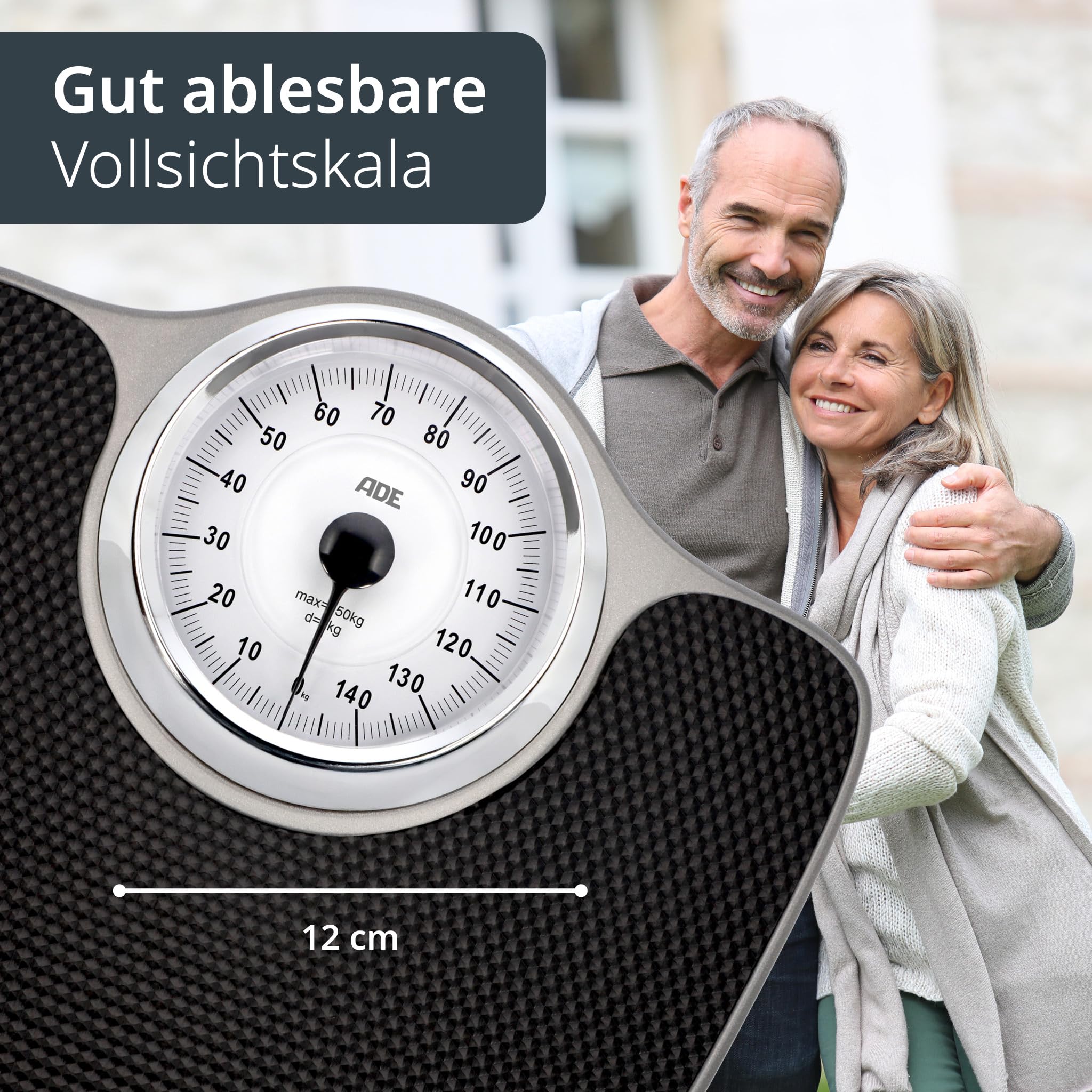 ADE Personenwaage analog bis 150 kg | mechanische Körperwaage mit großer rutschfester Wiegefläche | extra große Vollsichtskala