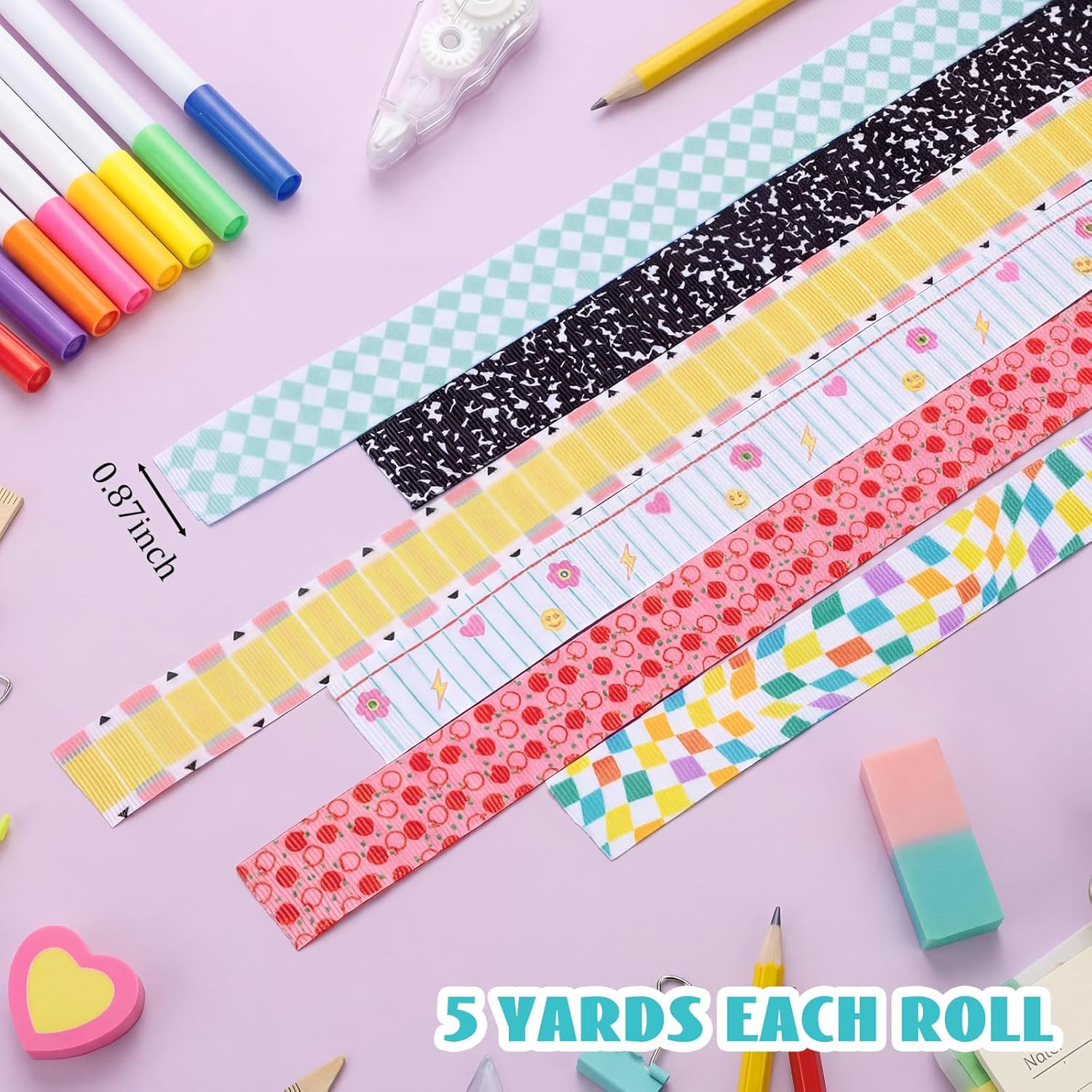 Knitgrip 6 Pcs School Ribbons for Crafting 30 Yards Teacher Appreciation Gift Ribbon Notebook Line Composition Notebook Pencil Ribbon for Teachers Student Grad Gift(Bright,0.87 Inch)