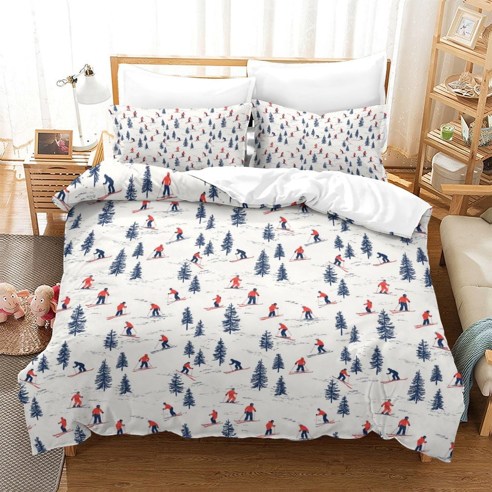 Housse de couette 260x220cm motif ski en microfibre parure de lit super king