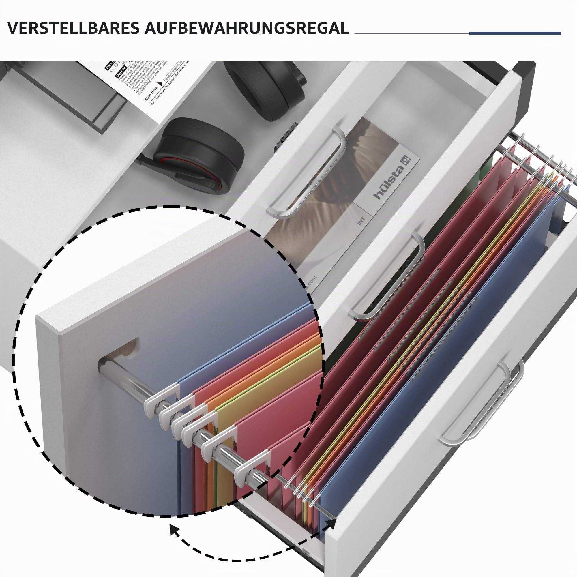 SogesHome Aktenschrank Rollcontainer Büroschrank Aufbewahrungsschrank aus Holz auf Rollen mit 3 Schubladen und 2 offenen Ablagen für A4, Legal, Letter Format,80x40x63 cm