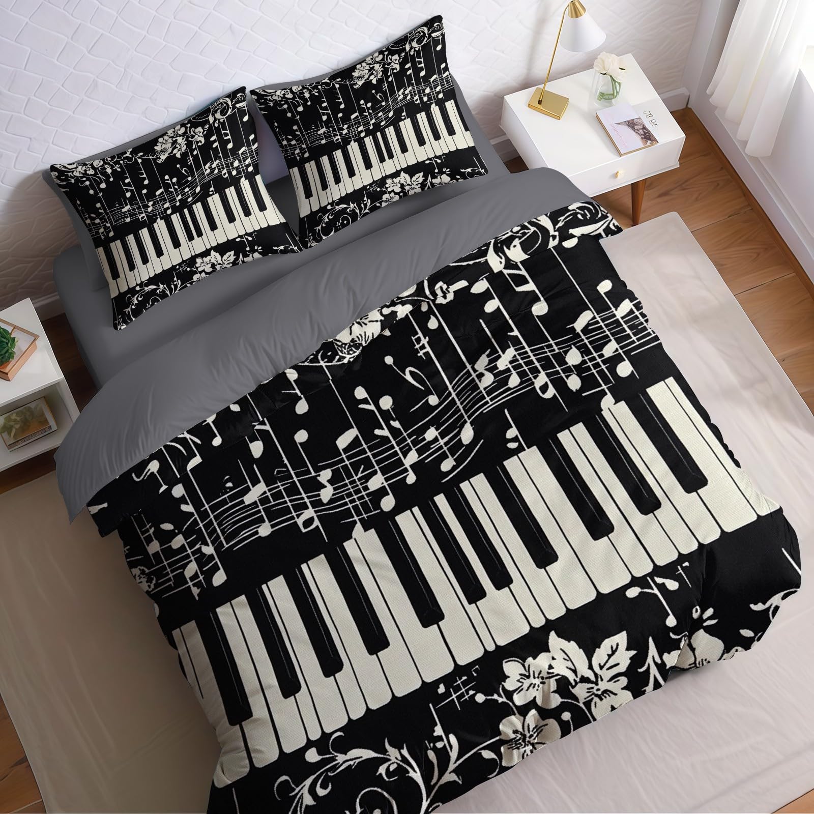 Copripiumino Una Piazza e Mezza 250x200 cm nero Set Biancheria da Letto Tastiera del pianoforte e note in Microfibra Traspirante con Cerniera e 2 Federe