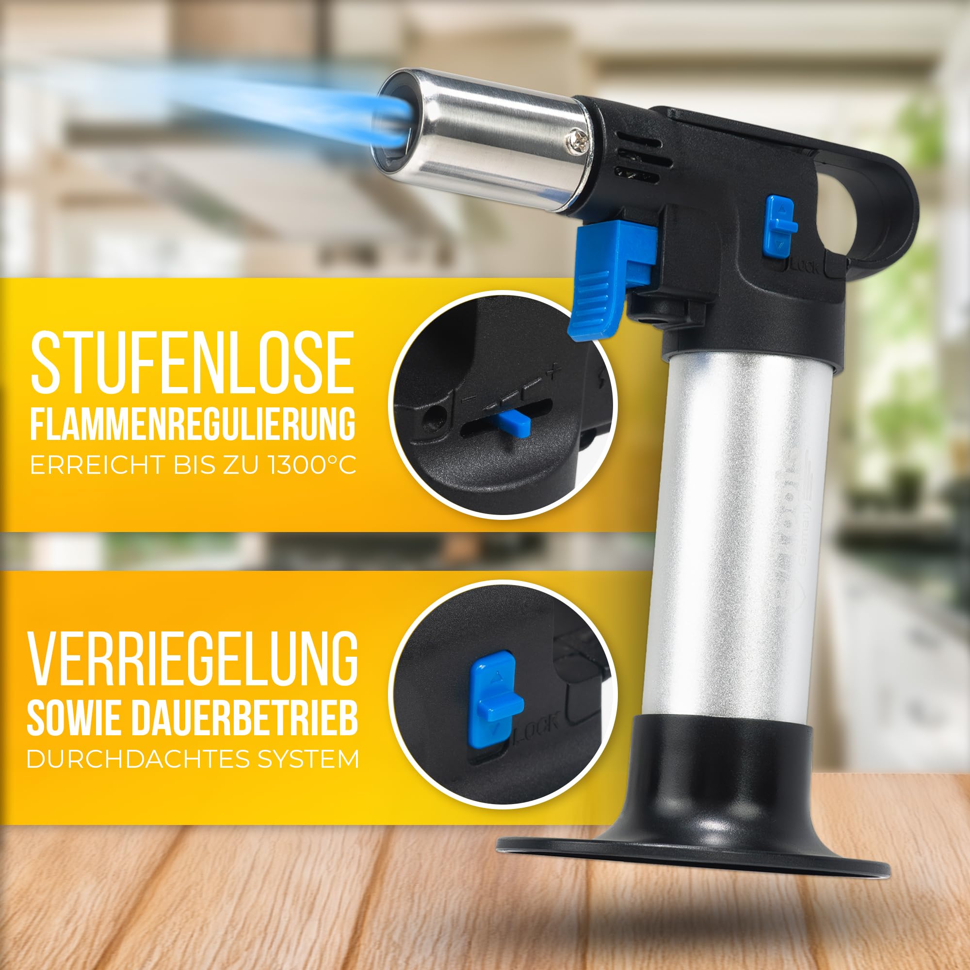 MAGNUM® Flambierbrenner [inkl. 300 ml Gas ] 1300 ∘C – Premium Creme Brulee Brenner, nachfüllbar mit Sicherung – Ideal zum Karamellisieren, Flambieren & Bräunen