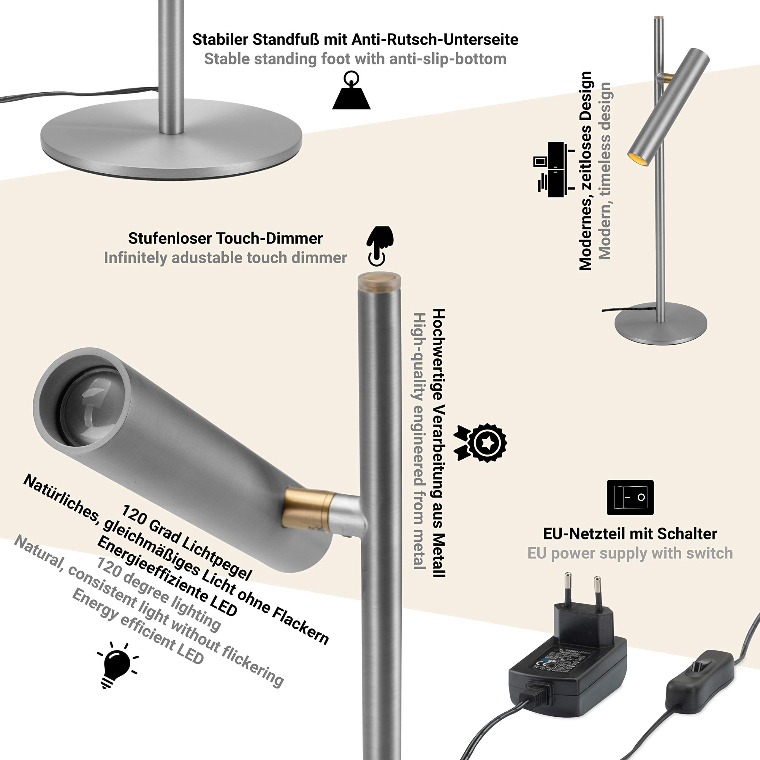 LUUK LIFESTYLE Lámpara de escritorio LED regulable, lámpara de mesa LED, lámpara de oficina, lámpara de metal, lámpara de mesa estilo industrial, lámpara de lectura, control táctil, plata